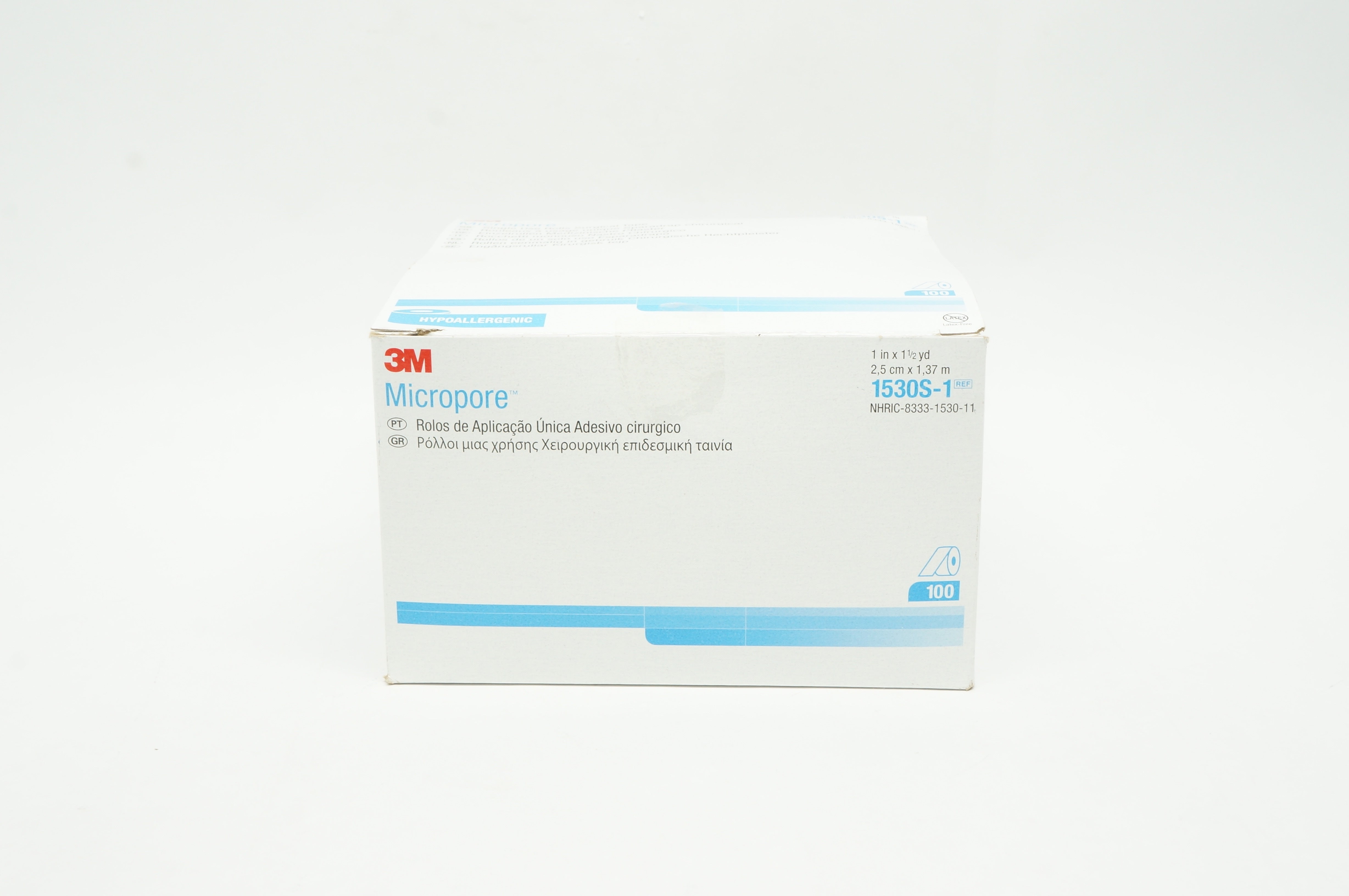 3M 1530S-1 Micropore Single Use Rolls Surgical Tape 1inch x 1-1/2yd - Box of 89