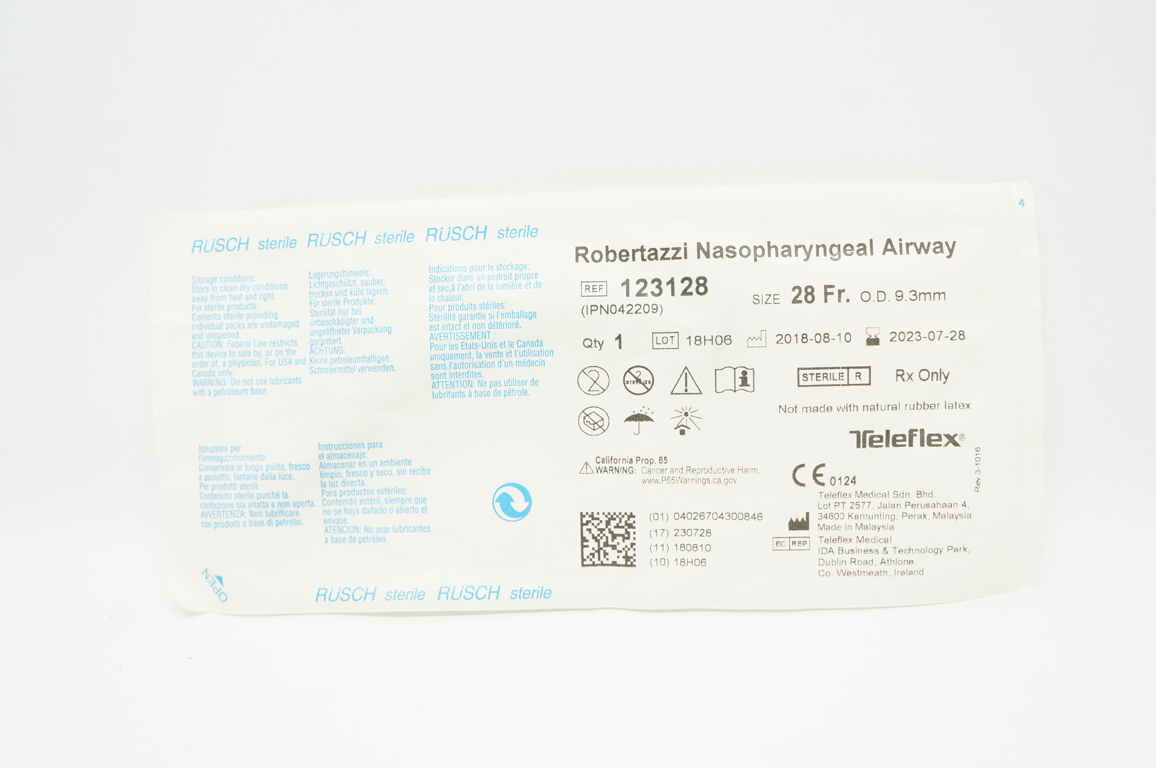 Teleflex 123128 Rusch Robertazzi Nasopharyngeal Airway 28Fr x 9.3mm O.D.