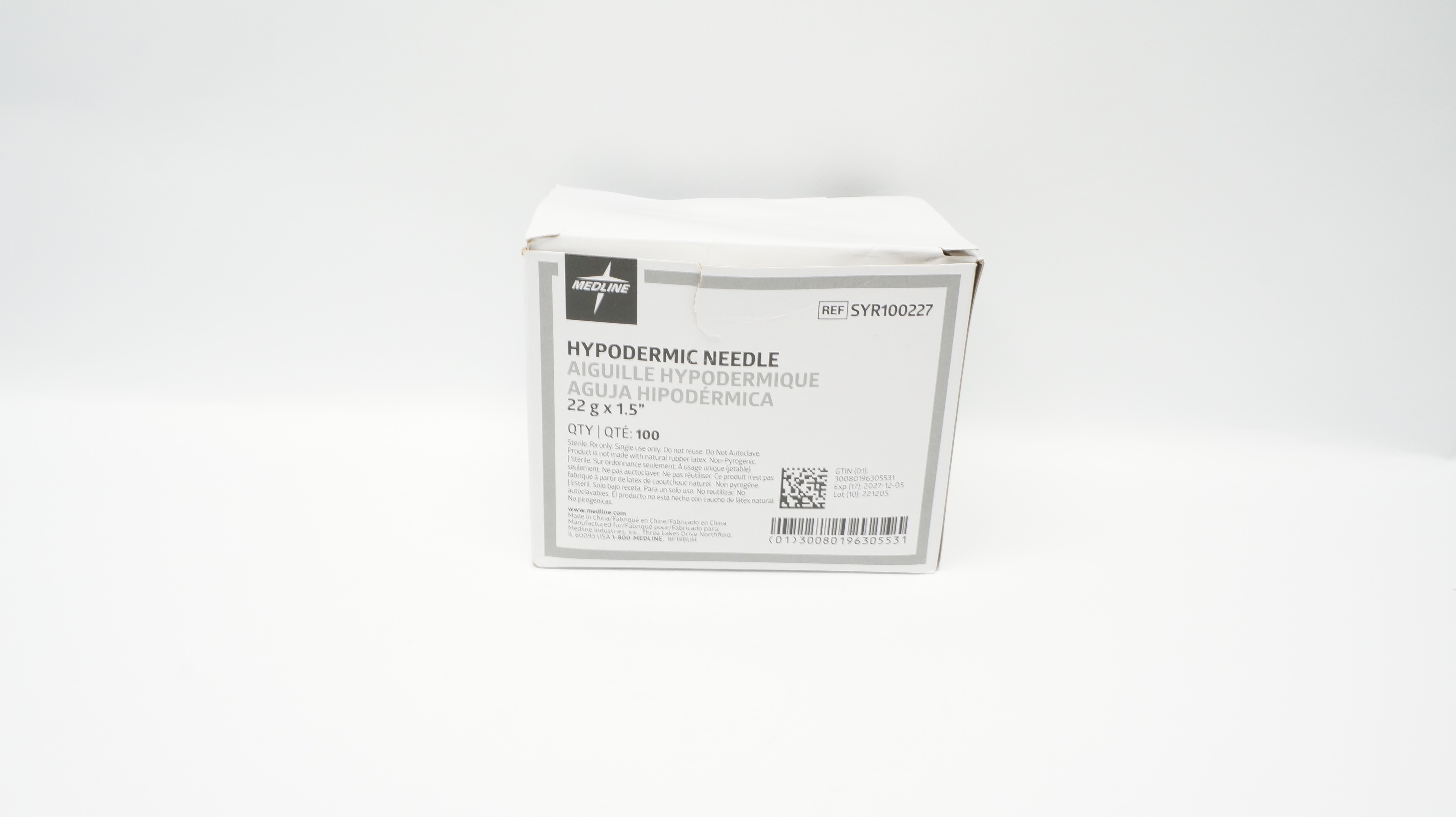 Medline SYR100227 Hypodermic Ndle 22g x 15inch - Box of 100