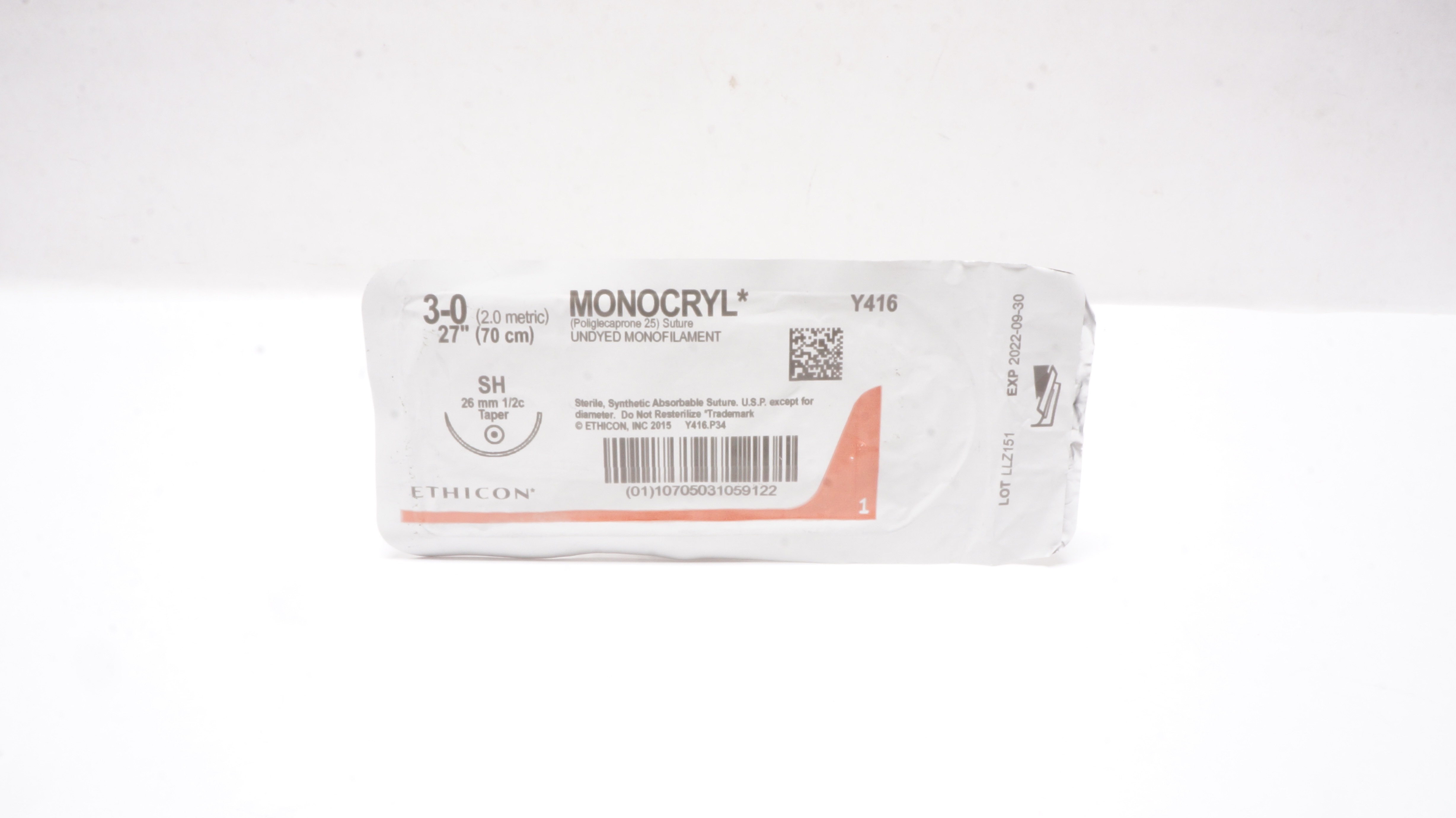 Ethicon Y416 3-0 Monocryl Undyed Monofilament SH 26mm 1/2c Taper 27 inch (x)