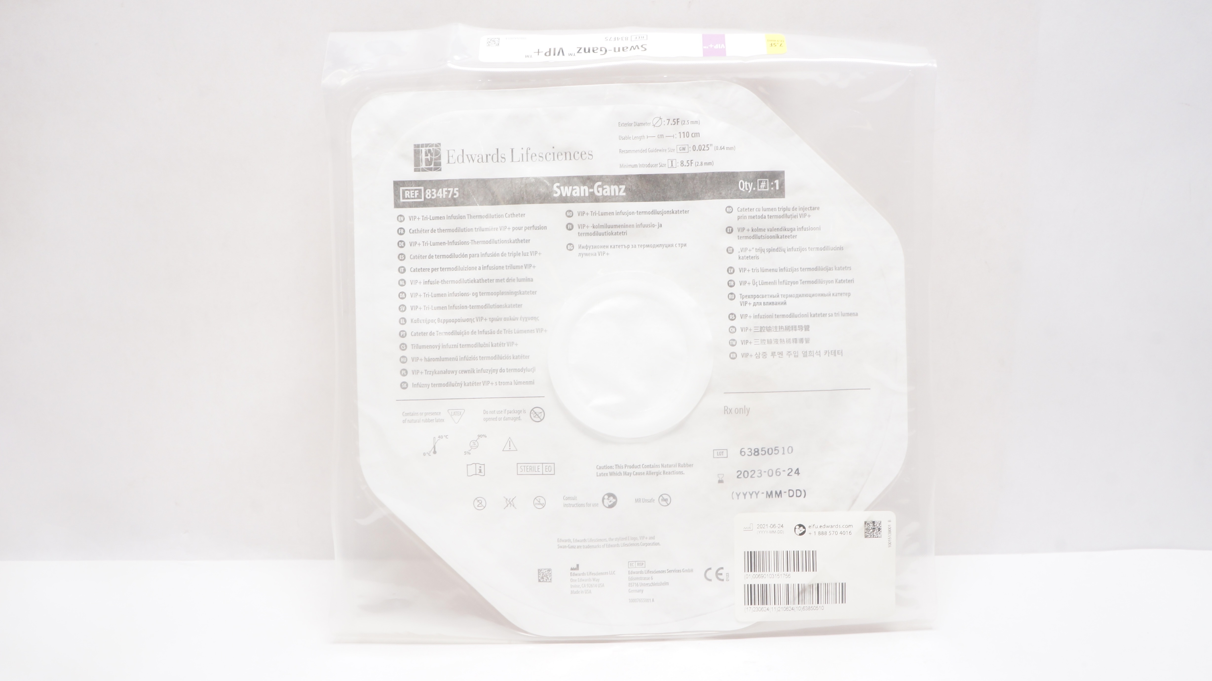Edwards Lifesciences 834F75 Swan-Ganz Thermodilution Cath. 7.5F x 110 cm (x)