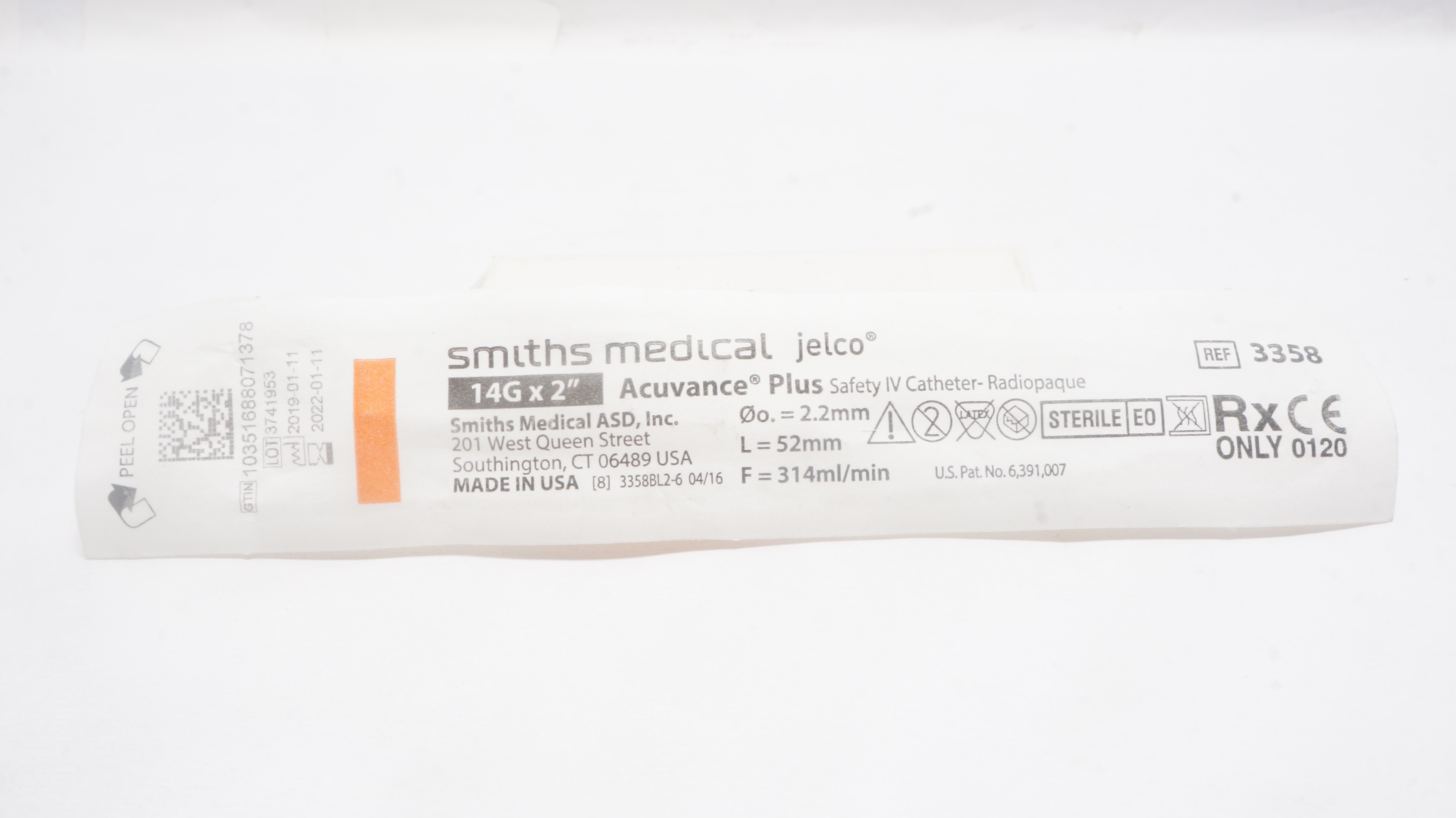 Smith Medical 3358 Jelco Acuvance Plus Safety IV Cath-Radiopaque 14G x 2inch (x)