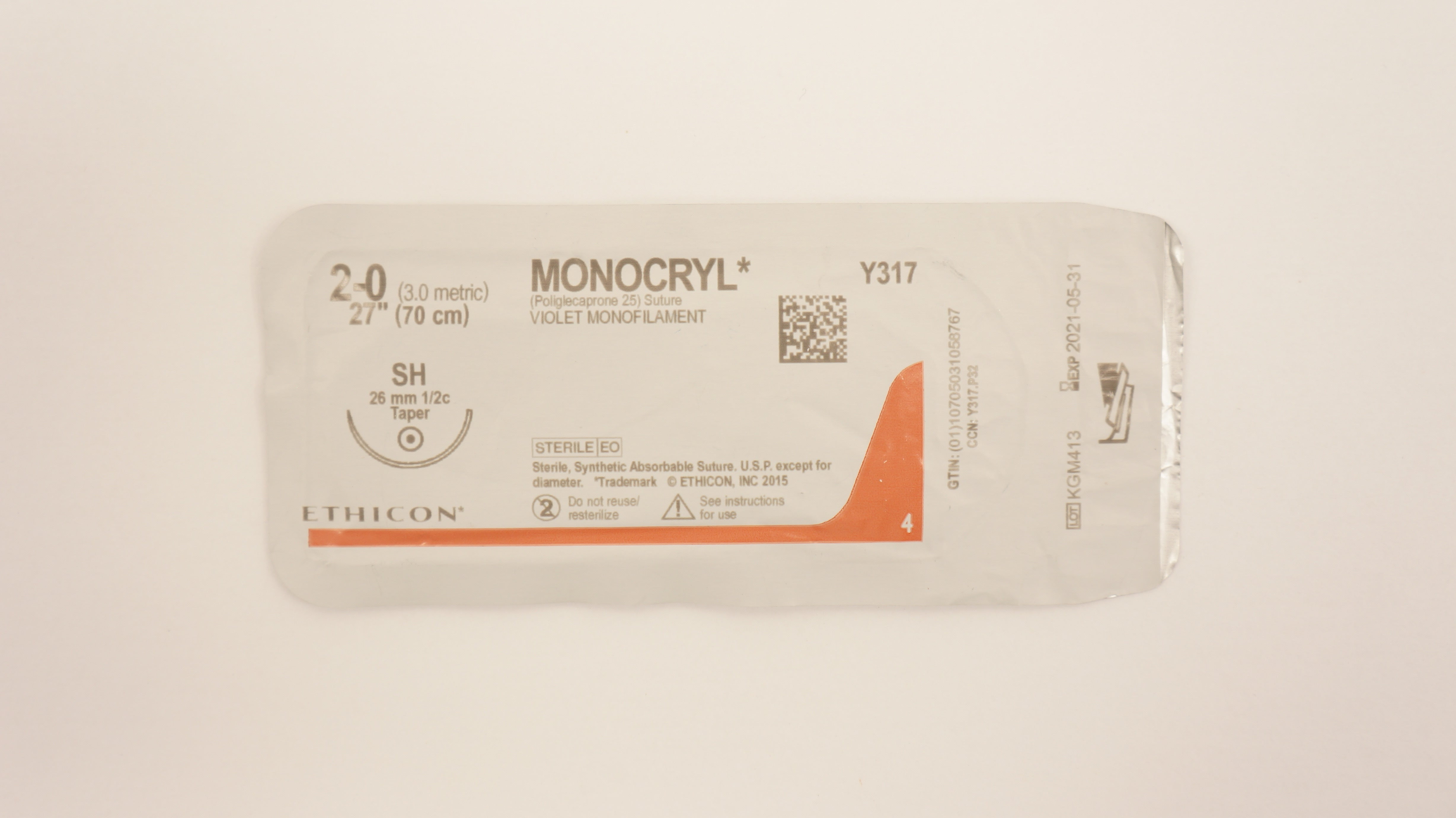 Ethicon Y317 2-0 Monocryl Stre Violet Monofilament SH 26mm 1/2c Taper, 27inch(x)