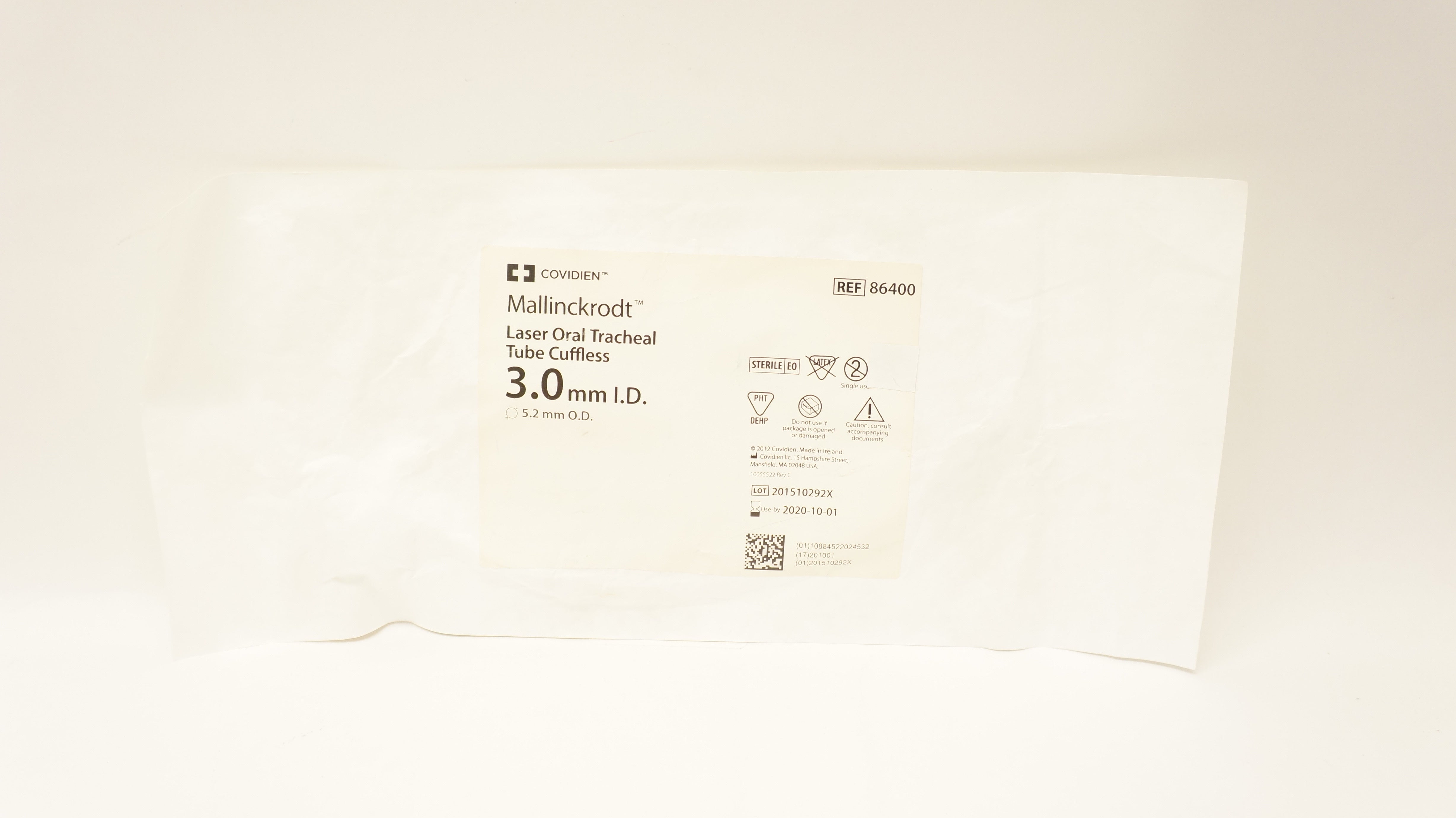 Covidien 86400 Mallinckrodt  Laser-Flex Tracheal Tube Cuffless 3.0 x 5.2mm (x)