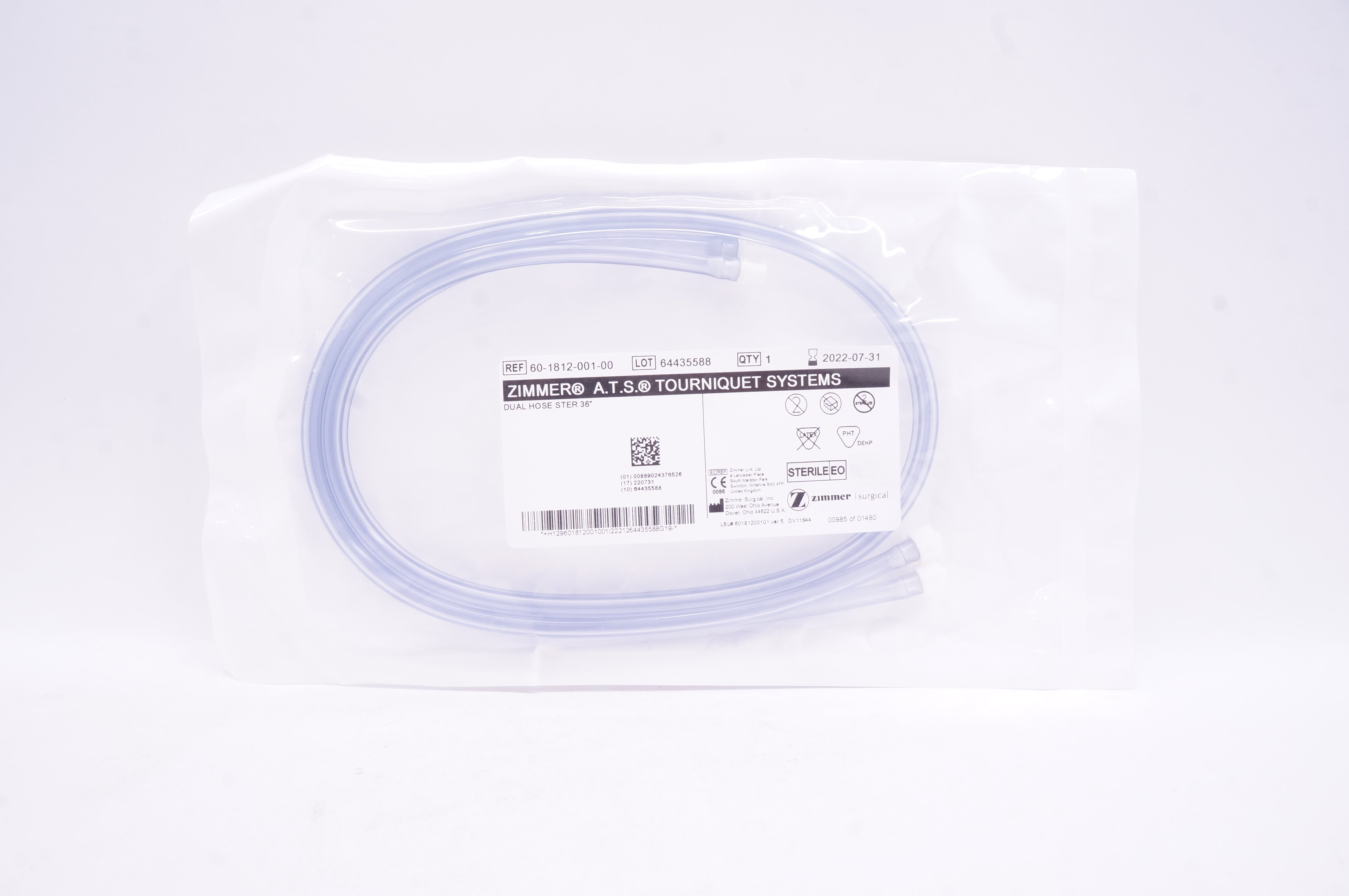 Zimmer 60-1812-001-00 A.T.S. Tourniquet Systems Dual Hose Ster 36 inch