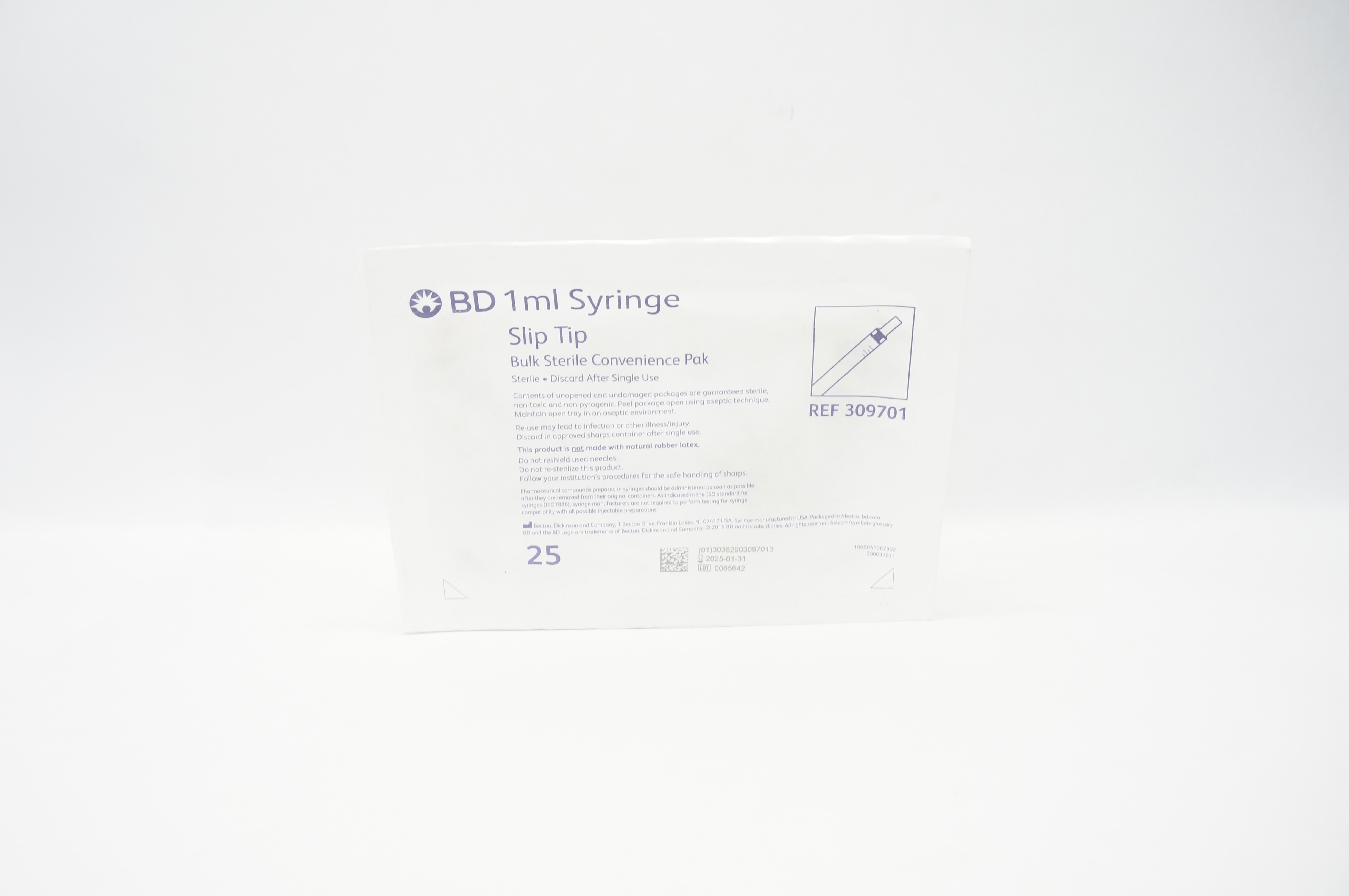 BD 309701 1ml Syringe Slip Tip - Box of 25