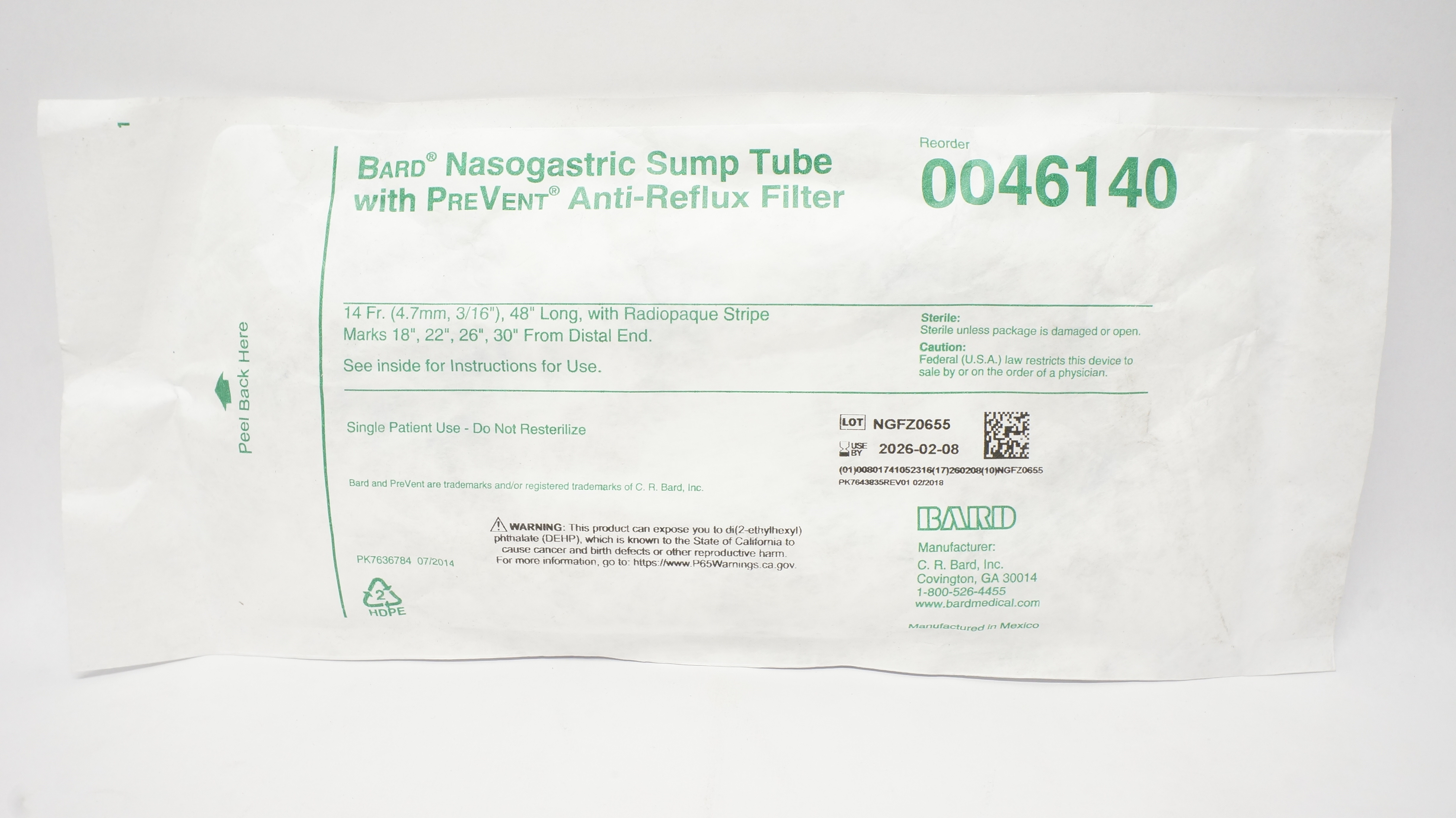 Bard 0046140 Nasogastric Sump Tube with PreVent Anti-Reflux Filter 14Fr x 48inch