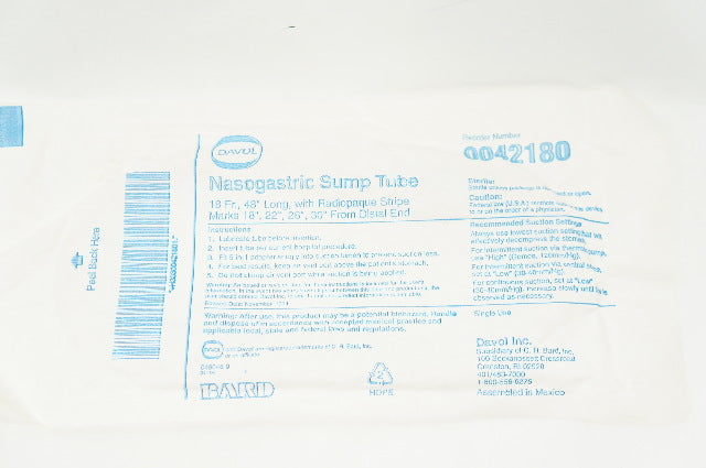 Bard 0042180 Davol Nasogastric Sump Tube 18 Fr x 48 inch