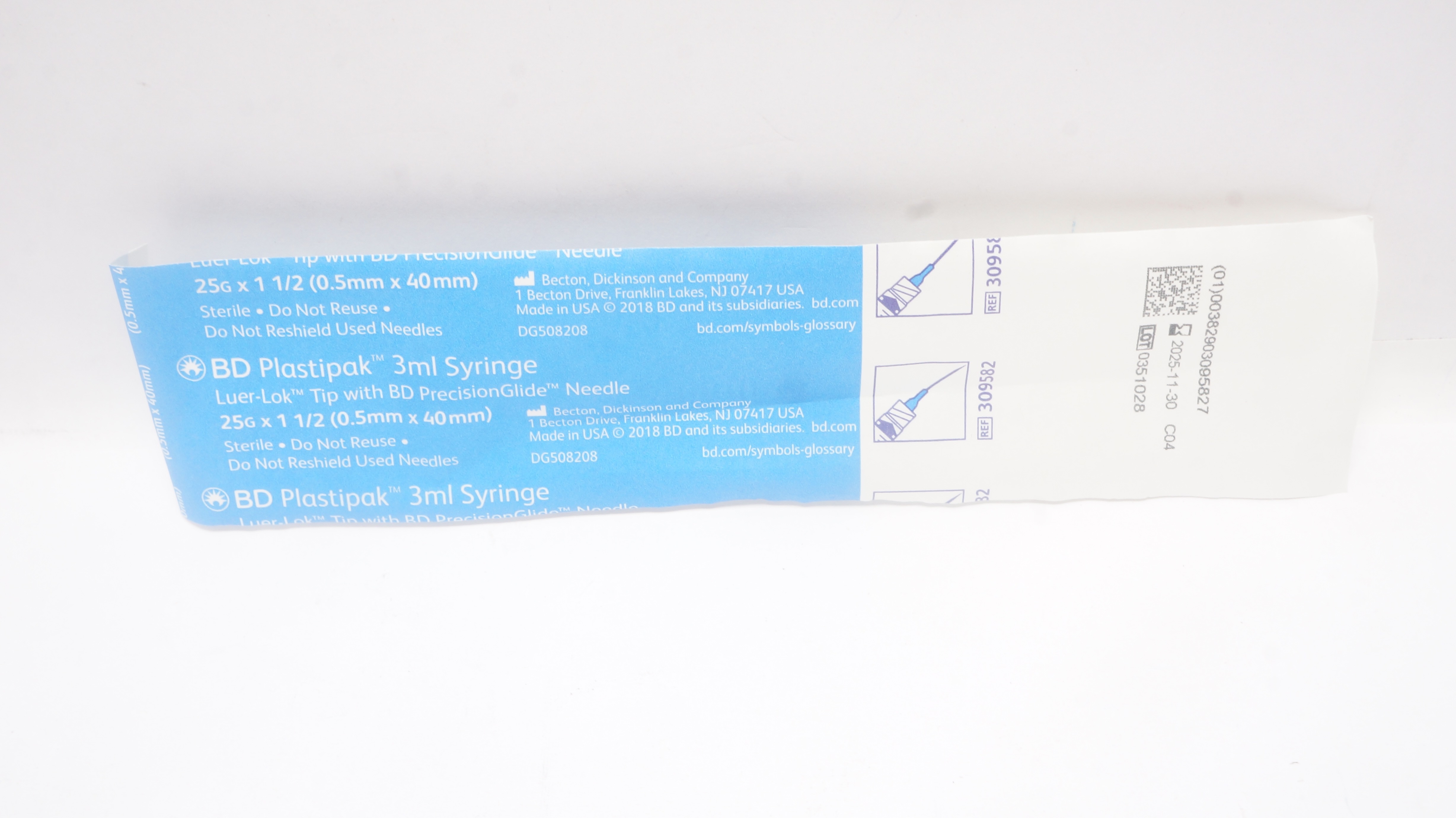 BD 309582 Luer-Lok Syringe 3mL w/PrecisionGlide Ndle 25 G x 1-1/2inch