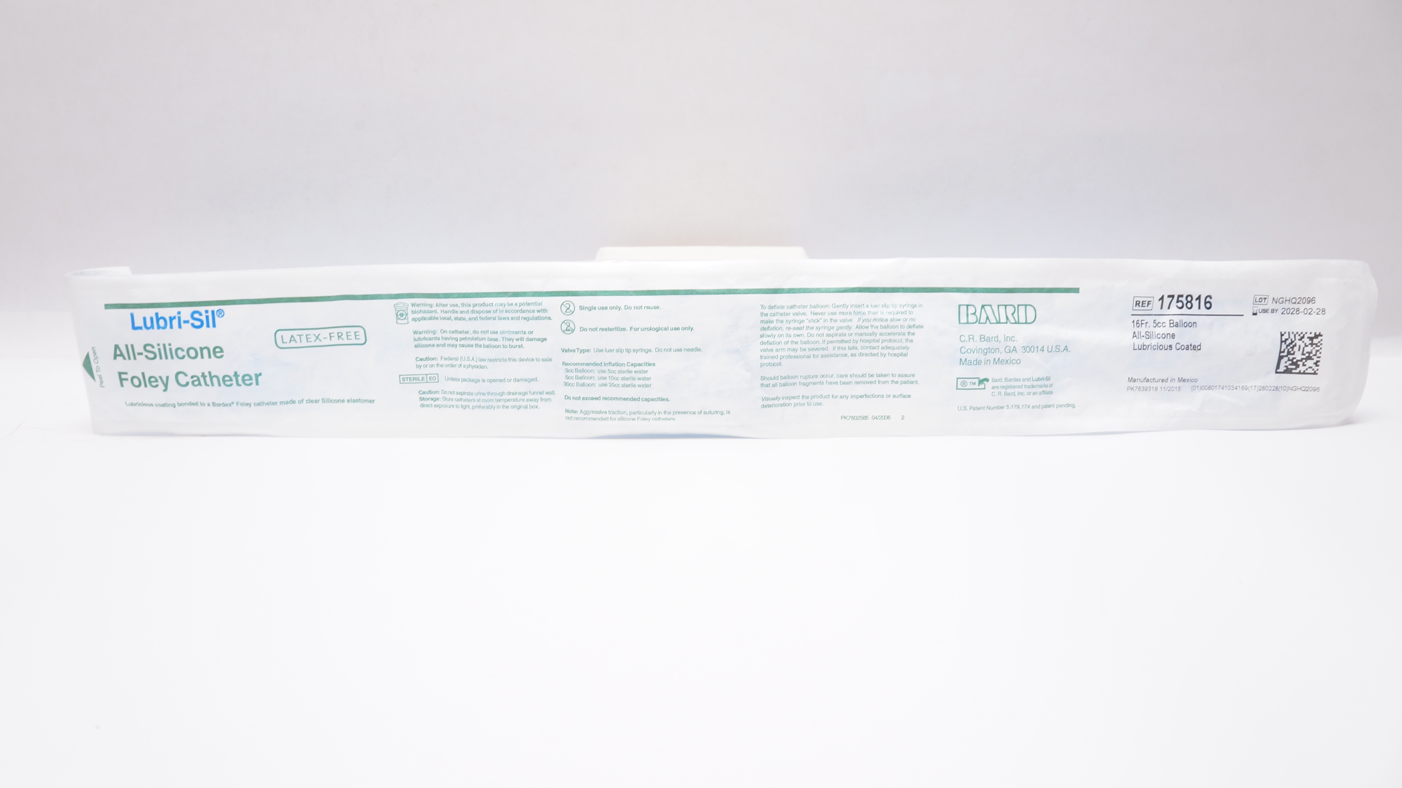 Bard 175816 Lubri-Sil All-Silicone Foley Cath.  16Fr 5cc Balloon