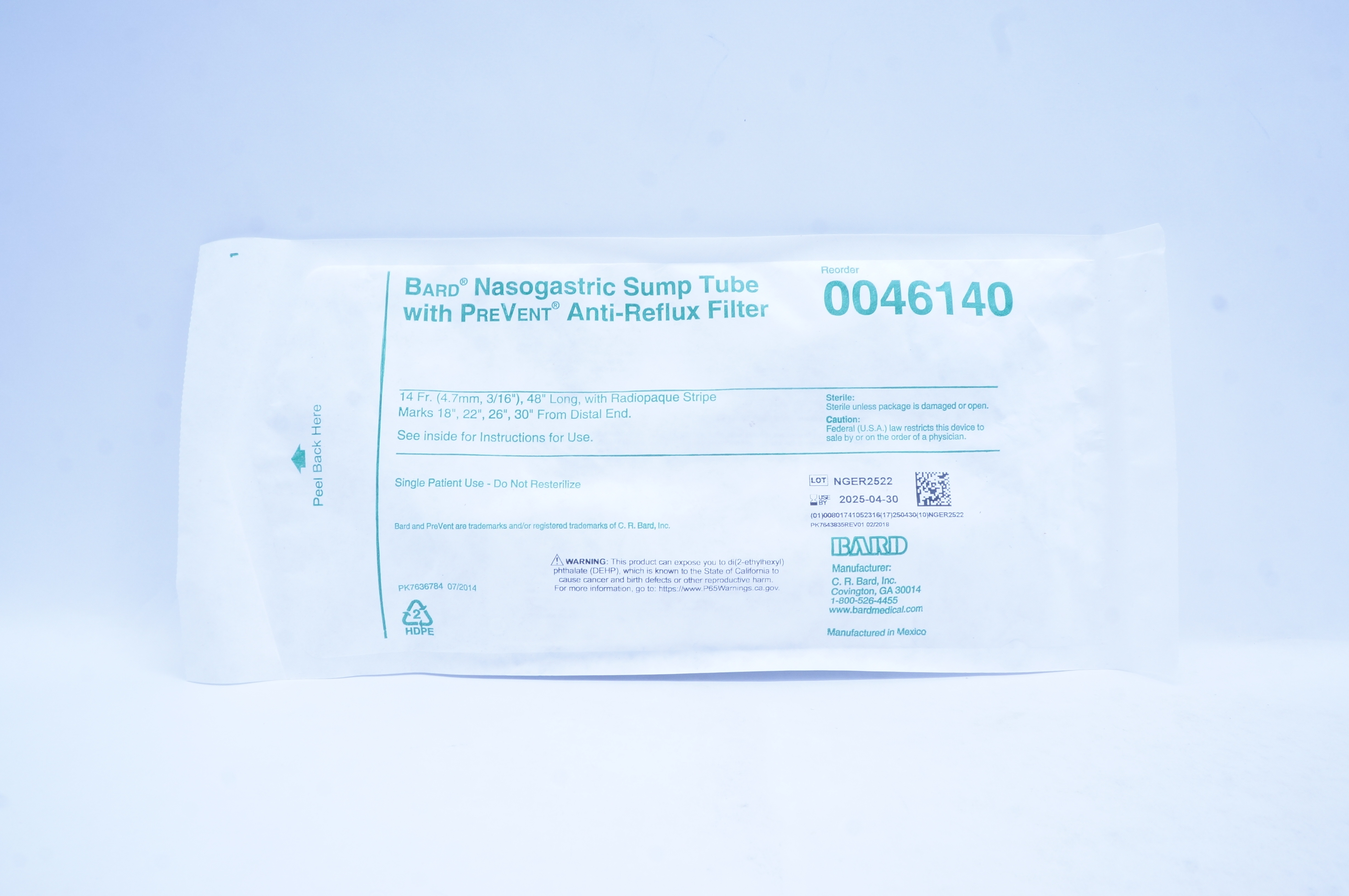Bard 0046140 Nasogastric Sump Tube with PreVent Anti-Reflux Filter 14Fr. x 48inch