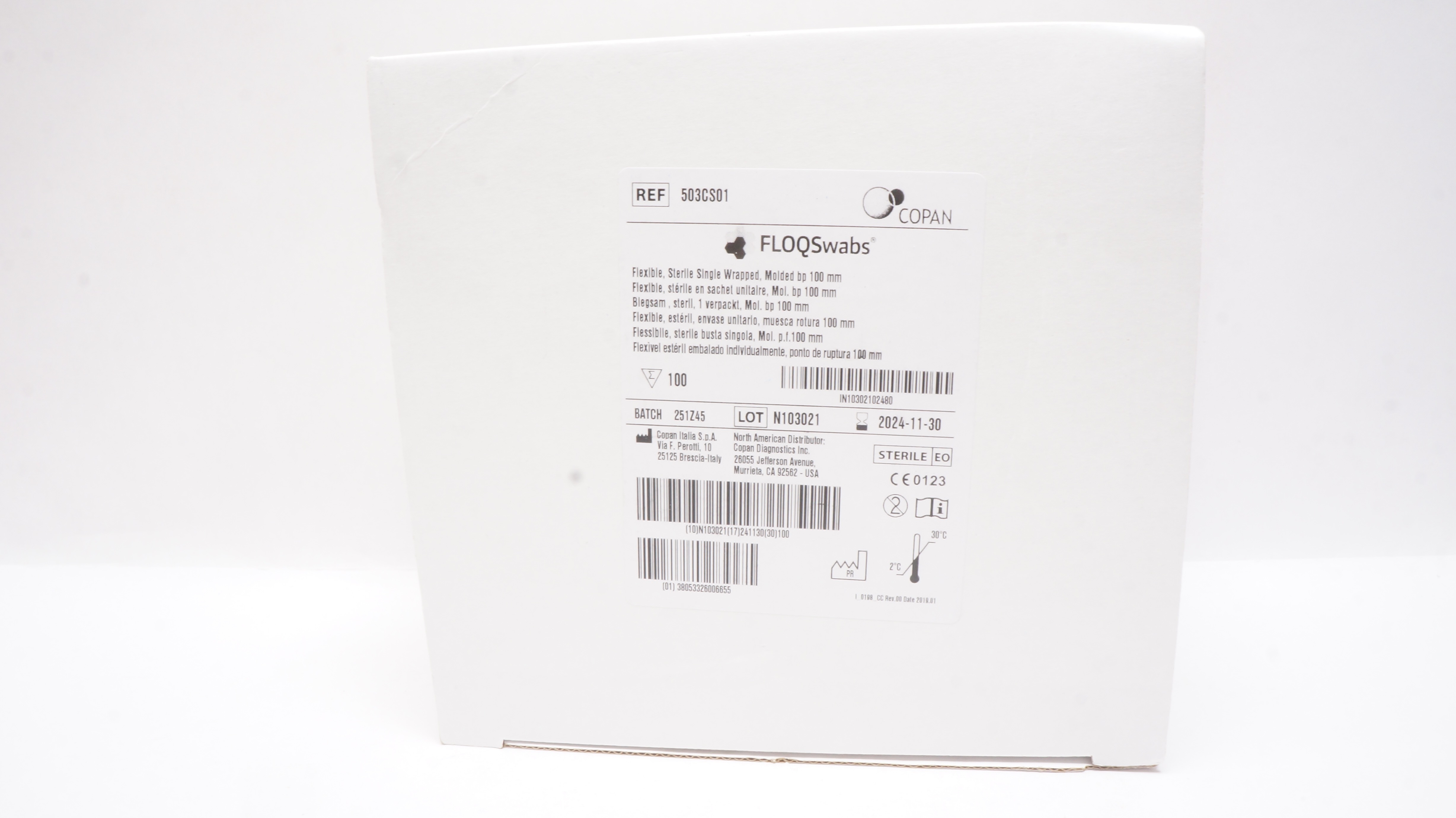 Copan 503CS01 FLOQSwabs Flexible Single Wrapped, Molded bp 100mm - Box of 100