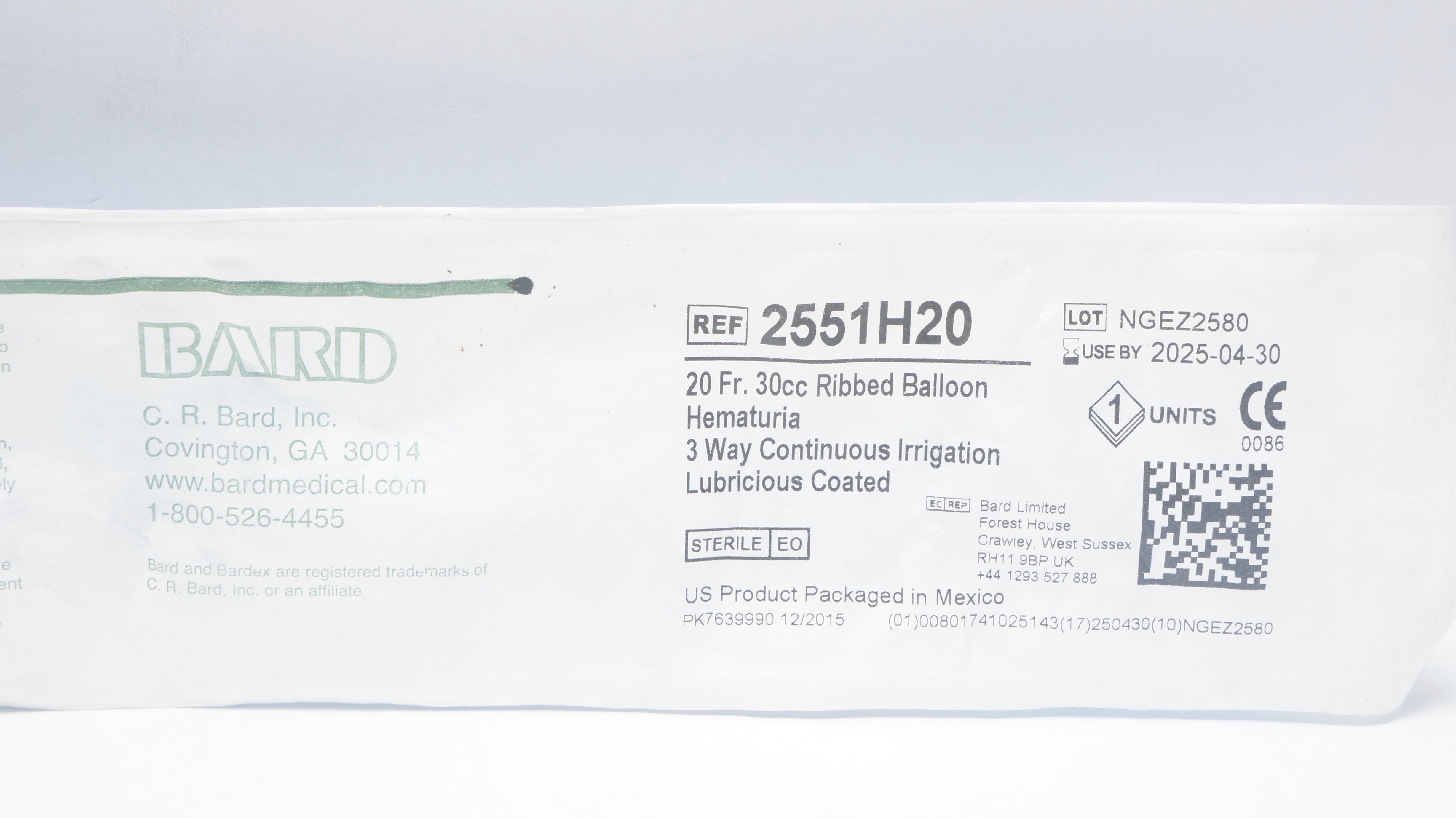 Bard 2551H20 Bardex Foley Cath. Lubricious Coated 20Fr 30cc Ribbed Balloon