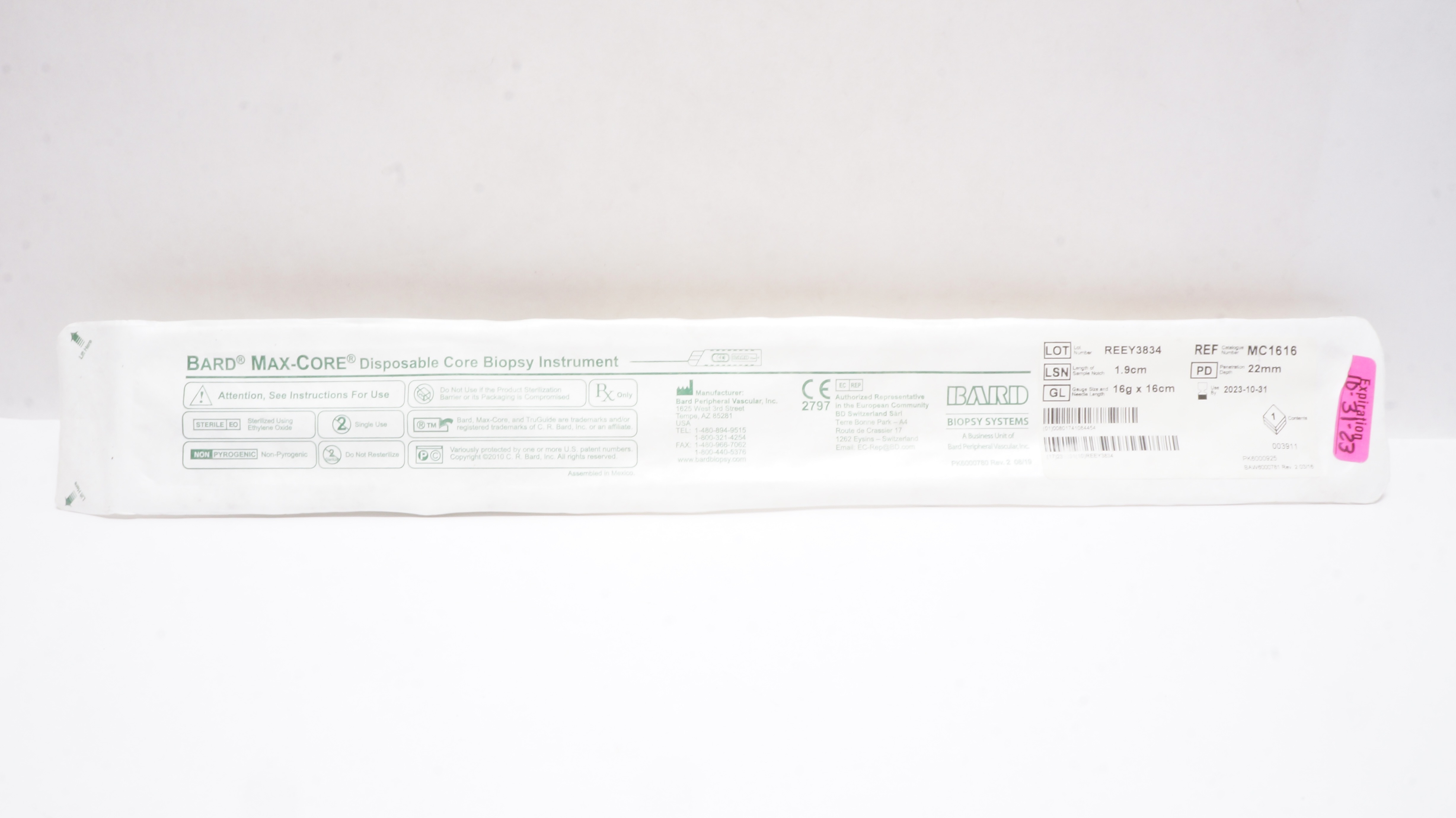 Bard MC1616 Max-Core Disposable Core Biopsy Instrument 16G x 16cm