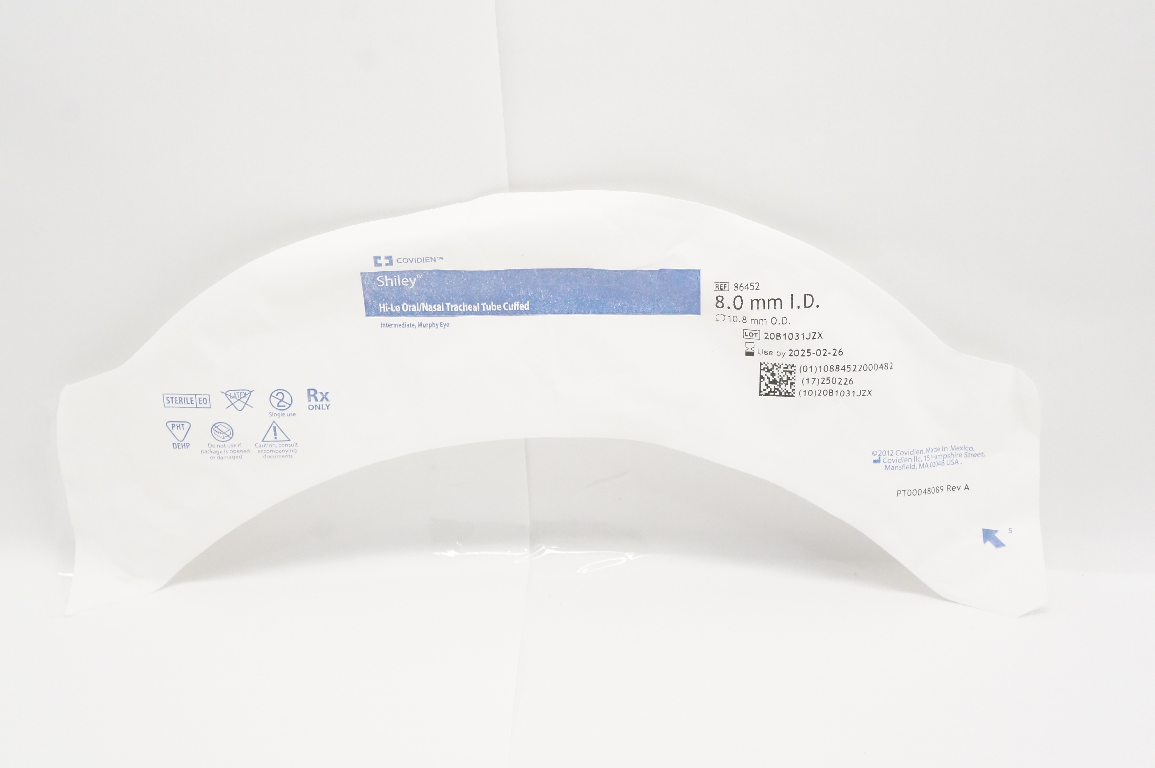 Covidien 86452 Shiley Hi-Lo Oral/Nasal Tracheal Tube Cuffed 8.0 x 10.8mm