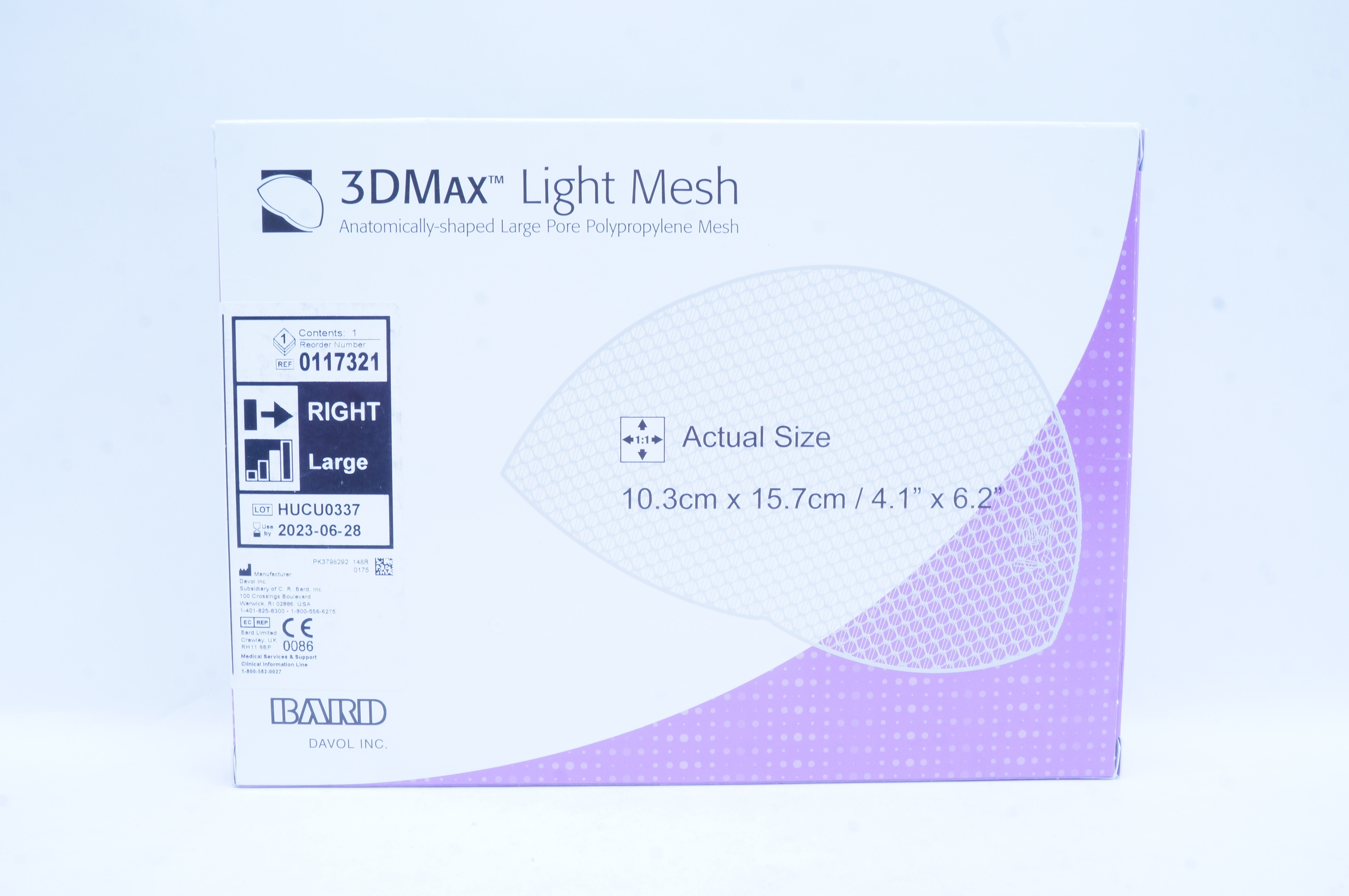 Bard 0117321 Davol 3DMax Light Mesh Right Large 4.1 inch x 6.2 inch
