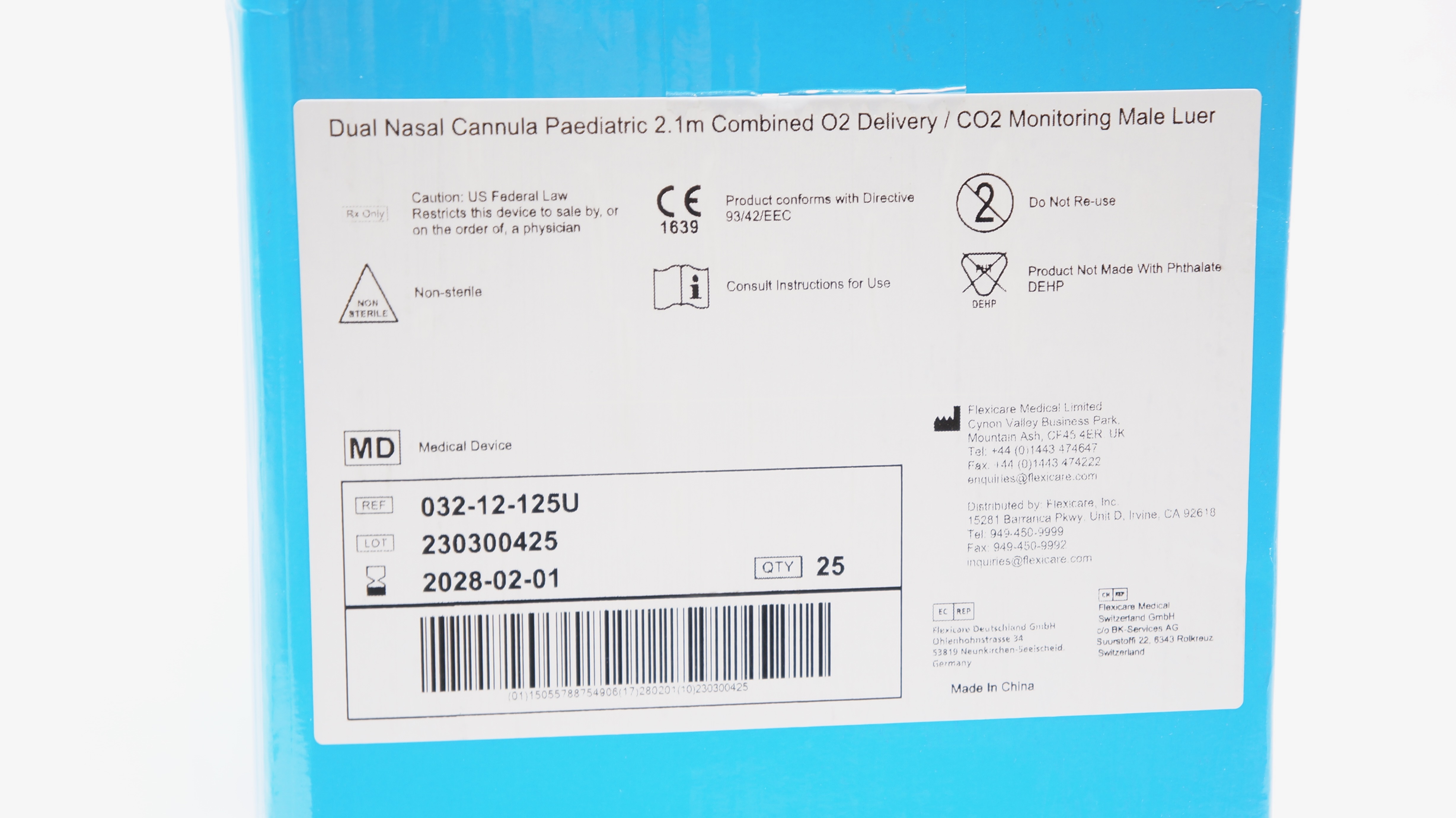 Flexicare 032-12-125U Paediatric Dual Nasal Cannula w/2.1m Male Luer - Box of 25