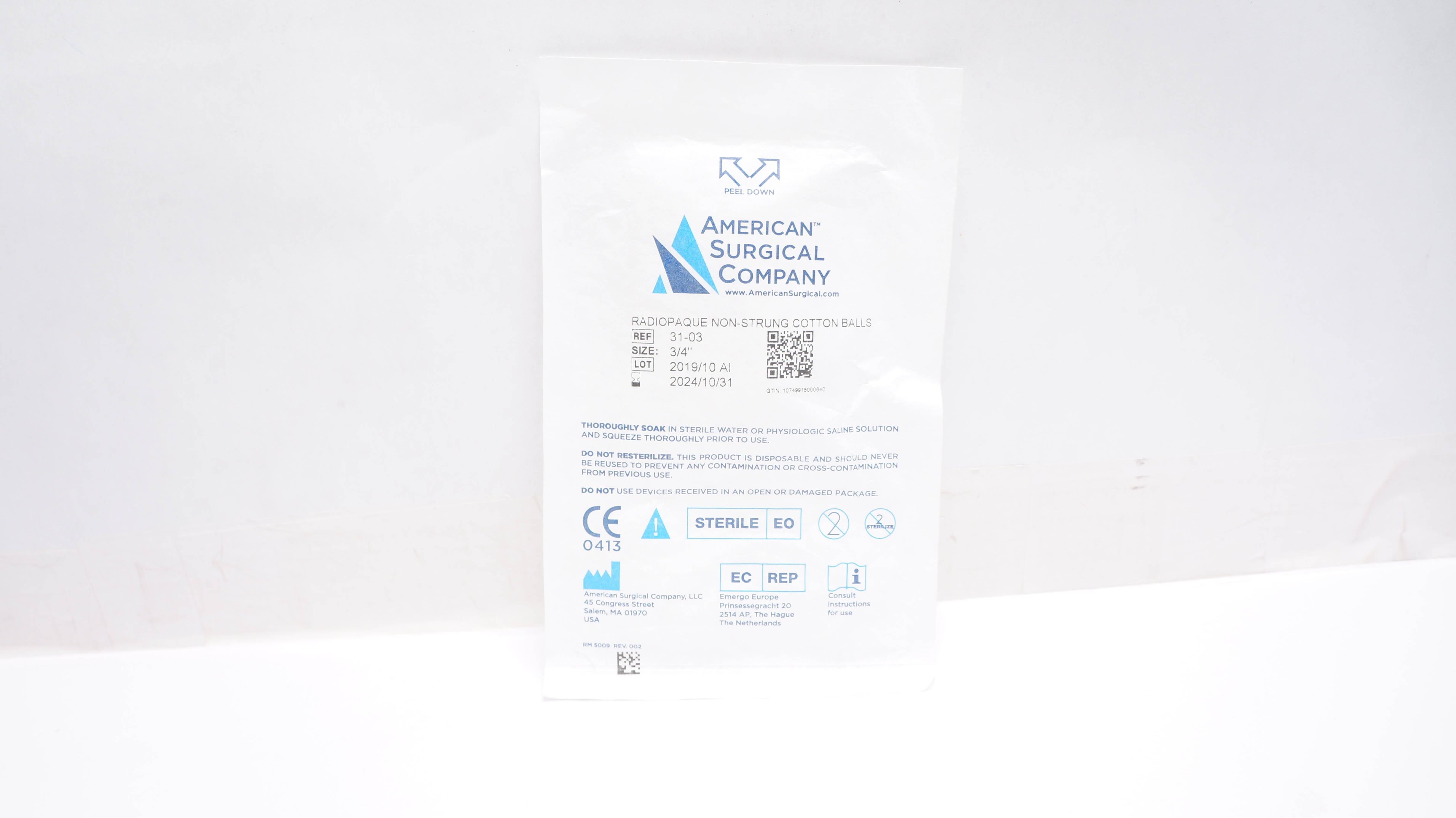 American Surgical Company 31-03 Radiopaque Non-Strung Cotton Balls 3/4inch