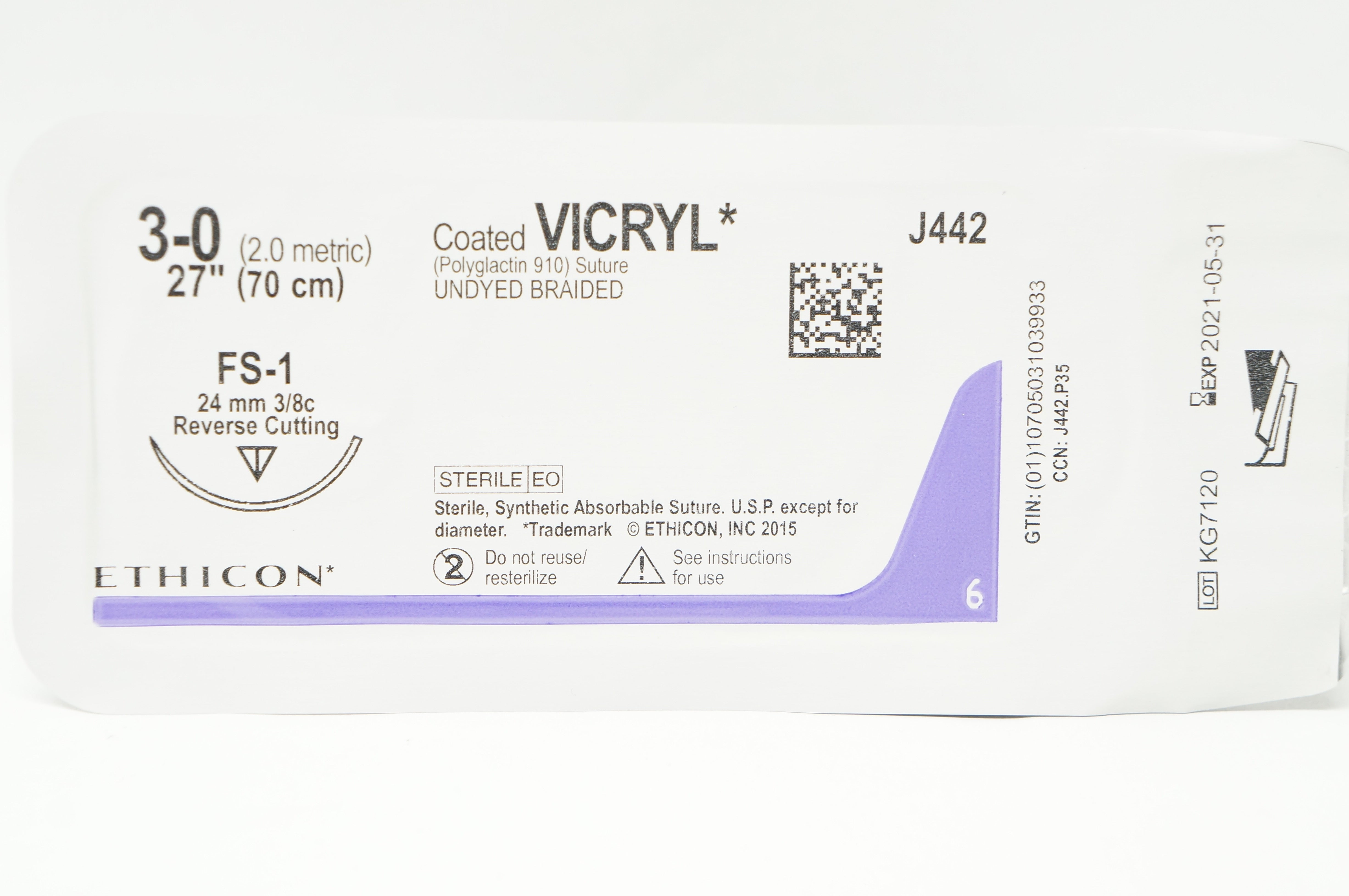 Ethicon J442 3-0 VICRYL, FS-1, 24mm 3/8c Reverse Cutting, 27inch (x)