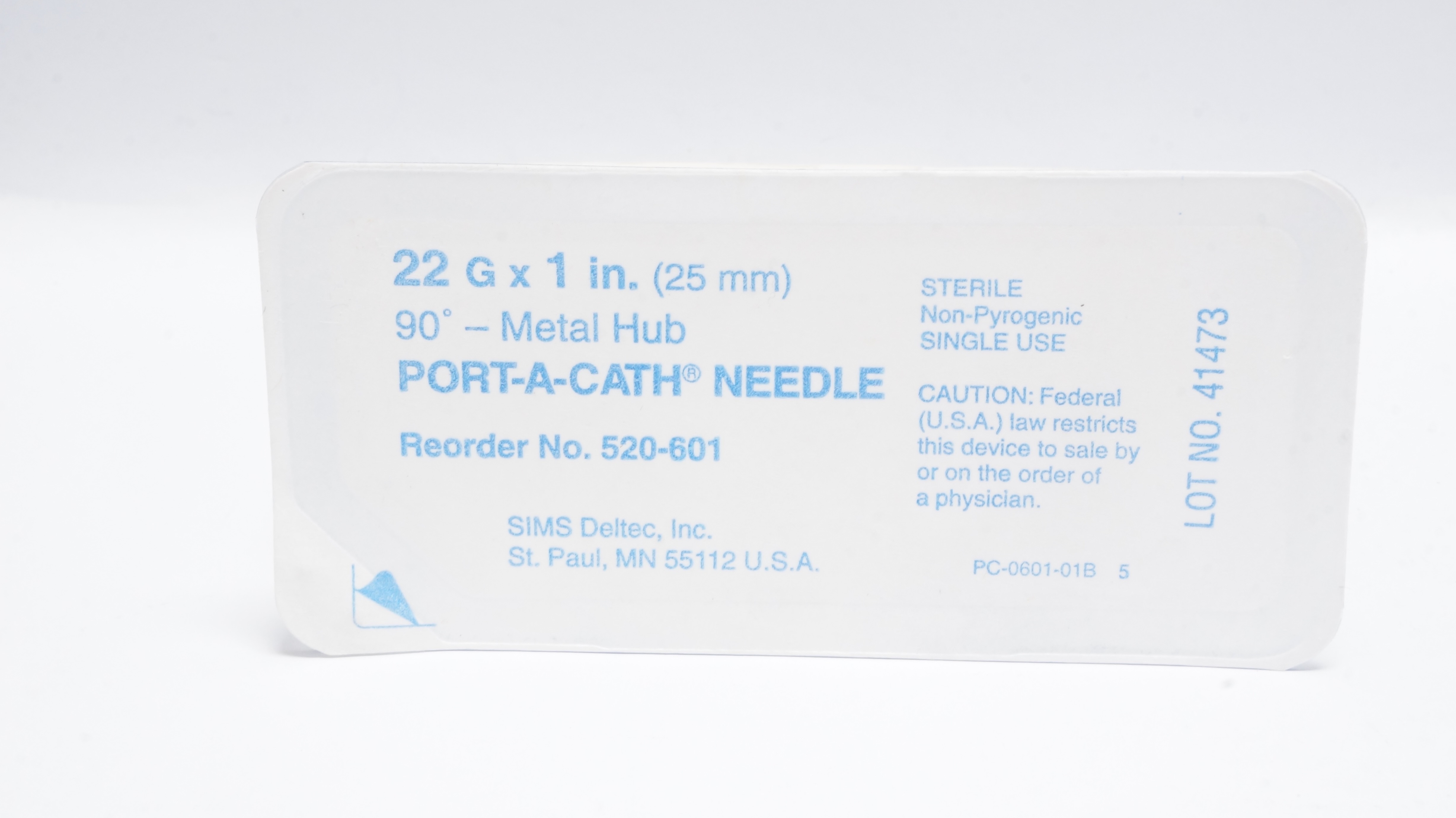 SIMS Deltec 520-601 Port-A-Cath Ndle 22G x 1inch 90Degree Metal Hub