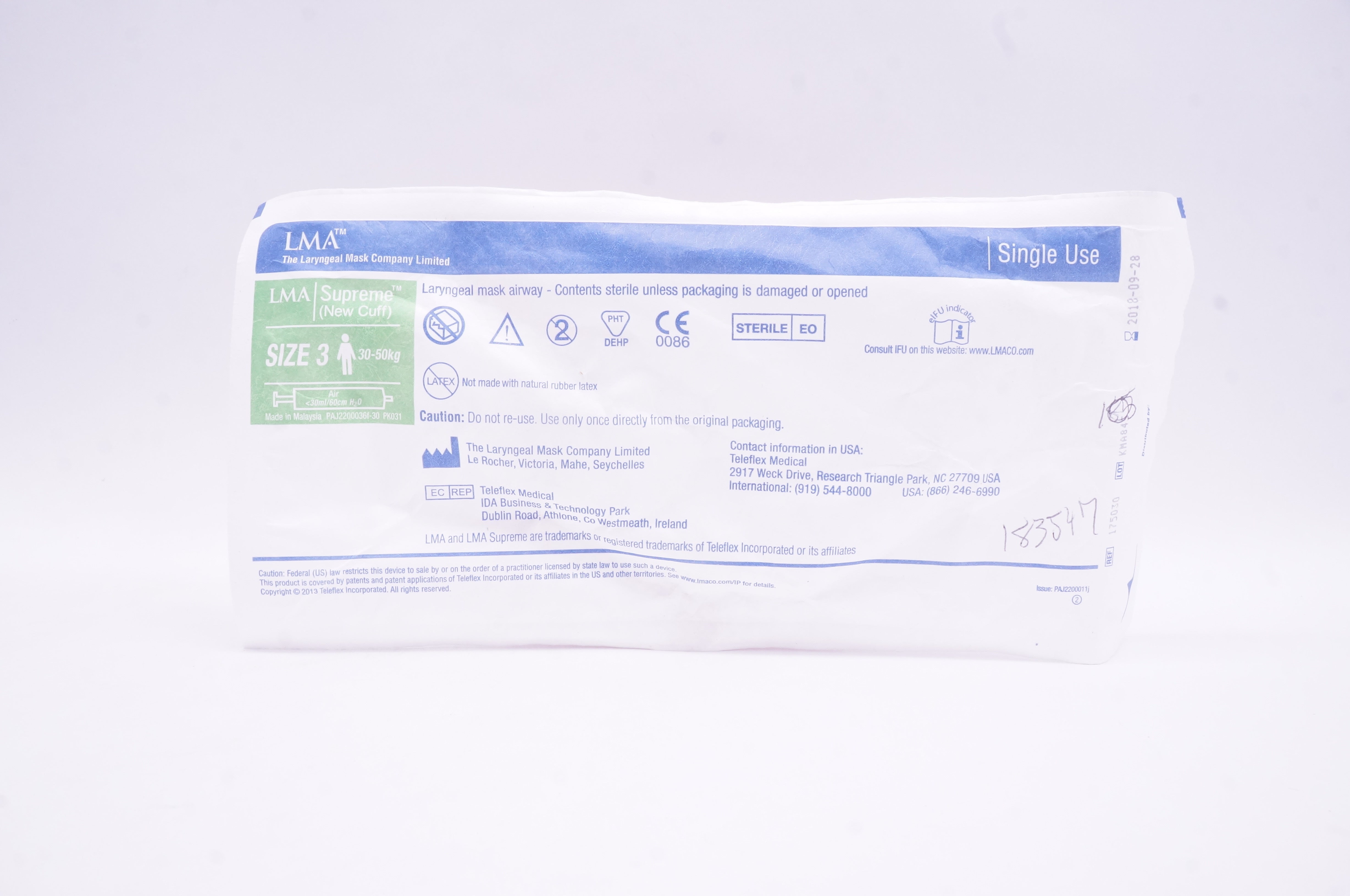 Teleflex 175030 LMA Supreme Laryngeal Mask Airway, Size 3, 30-50kg <30mL/60cm(x)