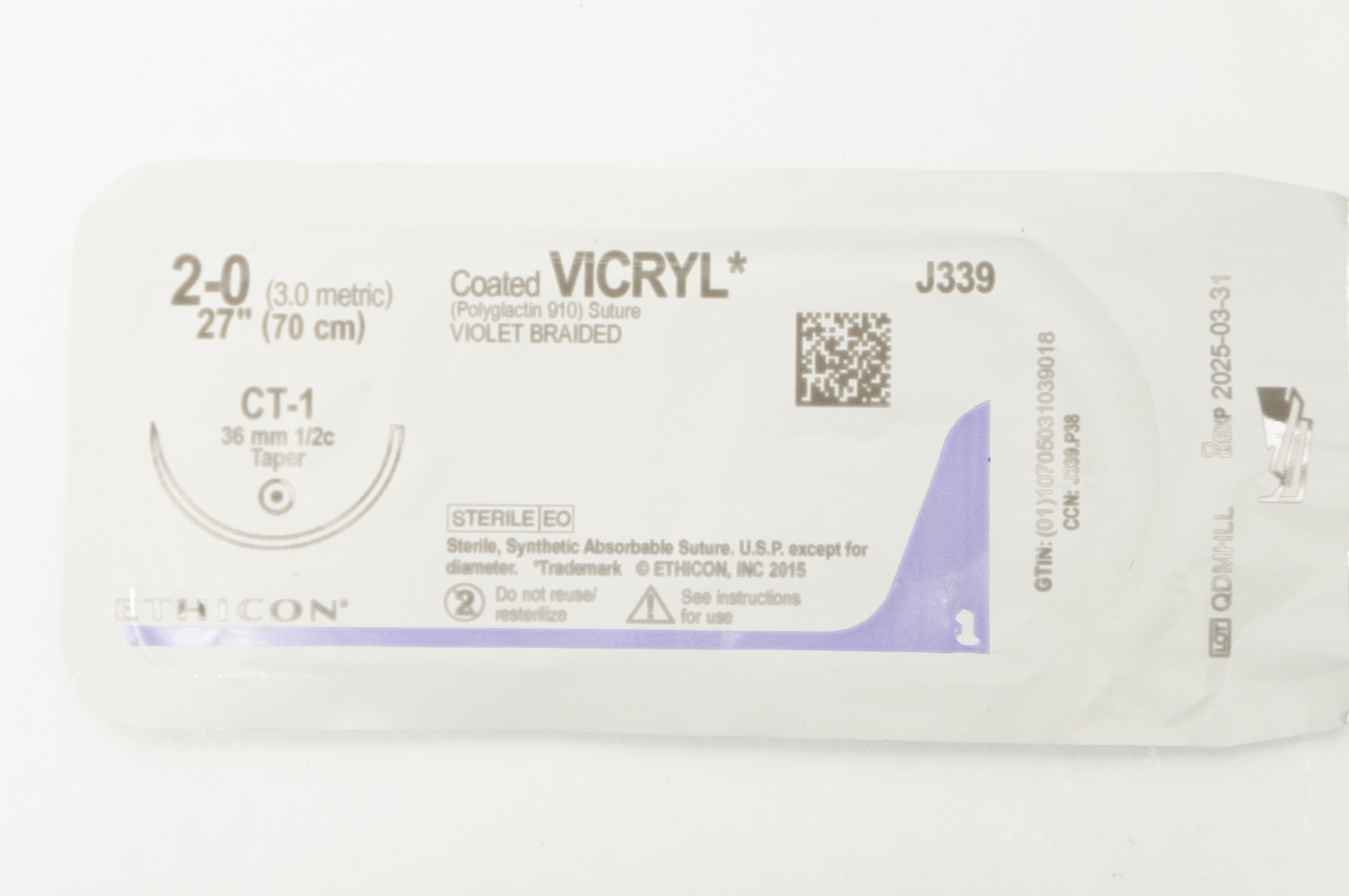 Ethicon J339 2-0 Coated VICRYL CT-1 36mm 1/2c Taper 27inch