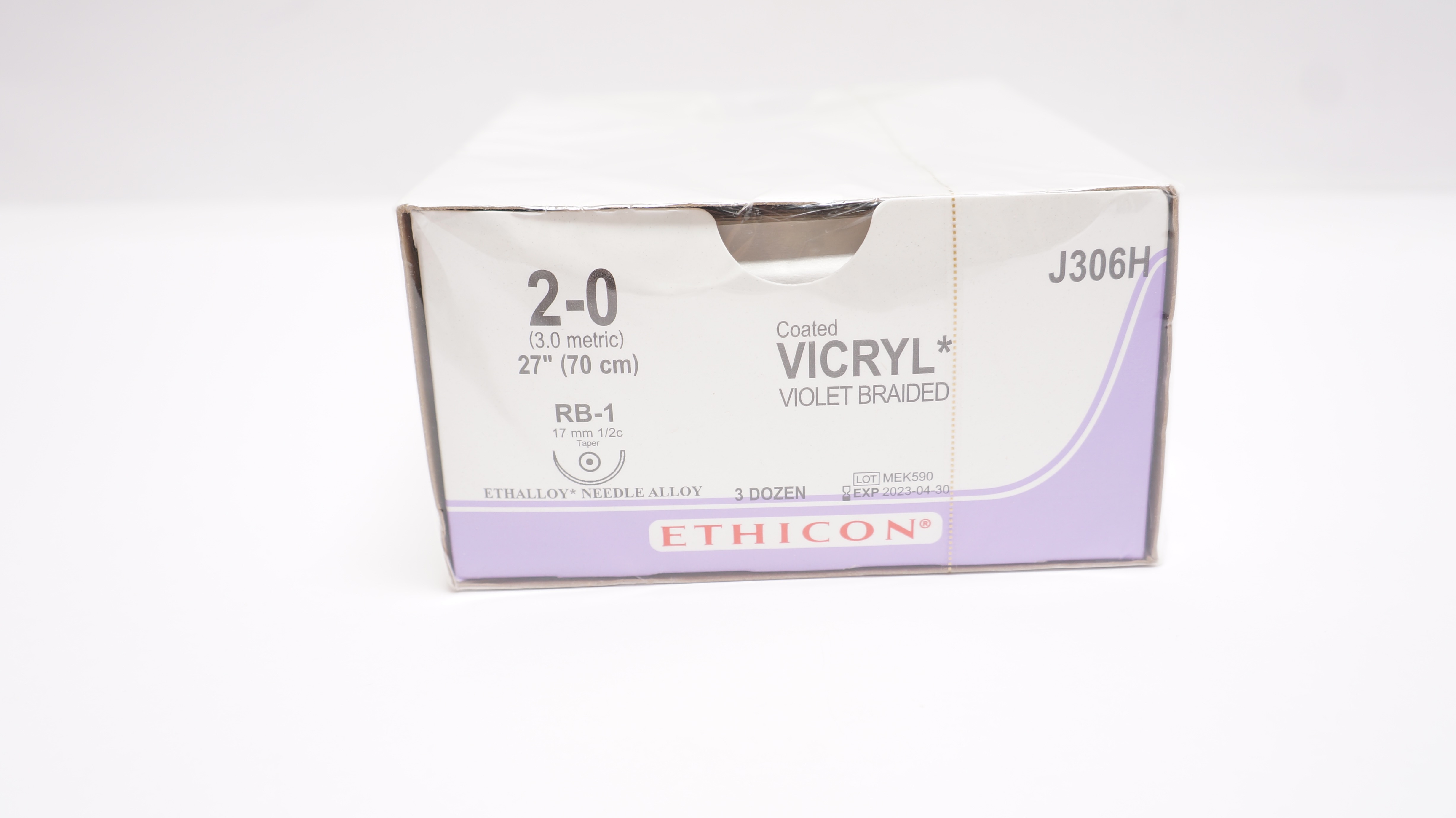 Ethicon J306H 2-0 Coated Vicryle, RB-1, 17mm 1/2c Taper, 27inch (x) - Box of 36