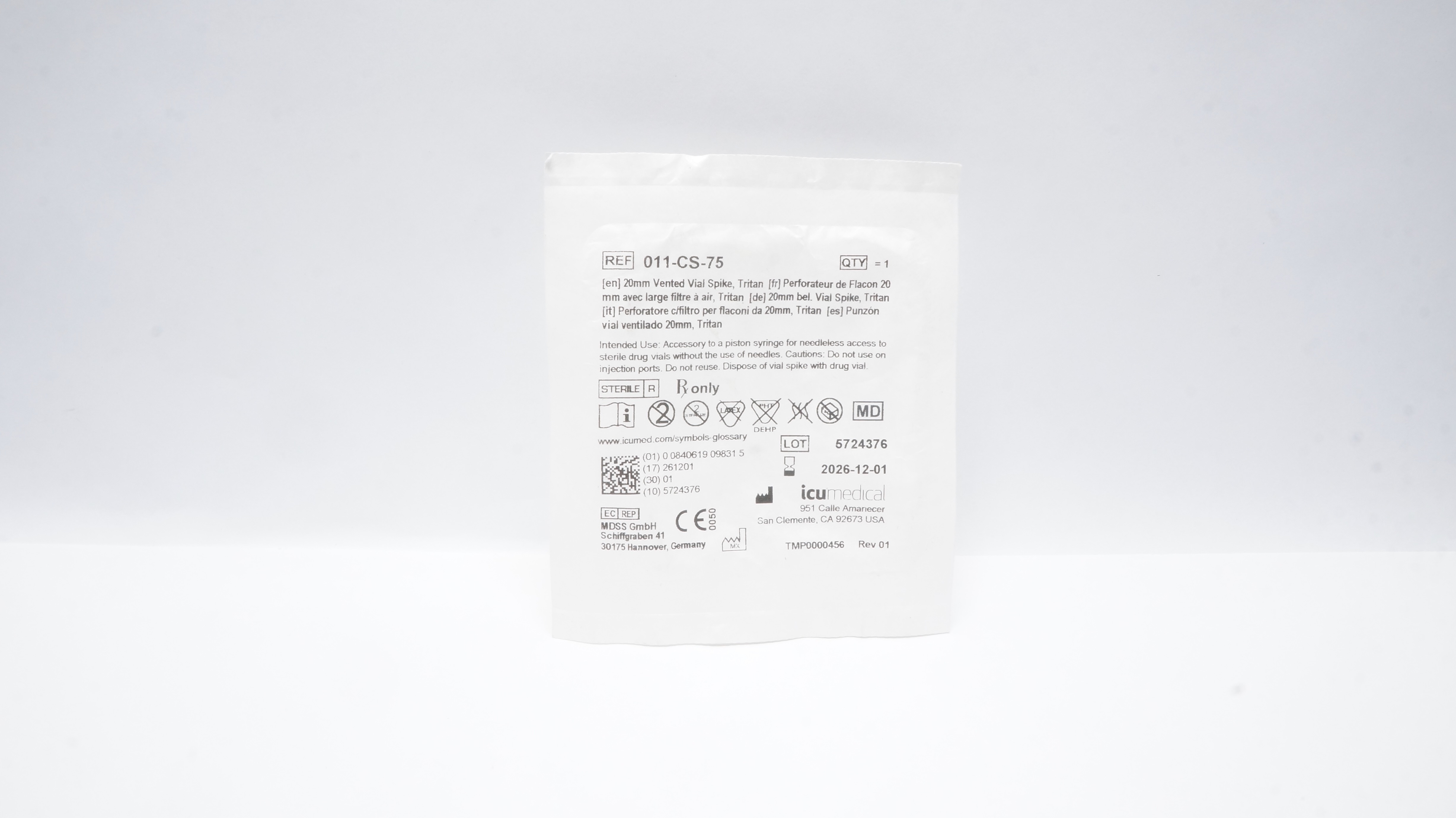 ICU Medical 011-CS-75 Vented Vial Spike 20mm