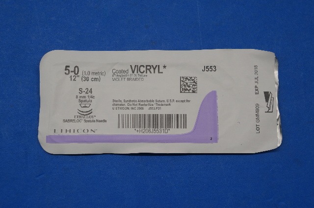 Ethicon J553 5-0 VICRYL, S-24 8mm 1/4c Spatula, Violet Braided, 12