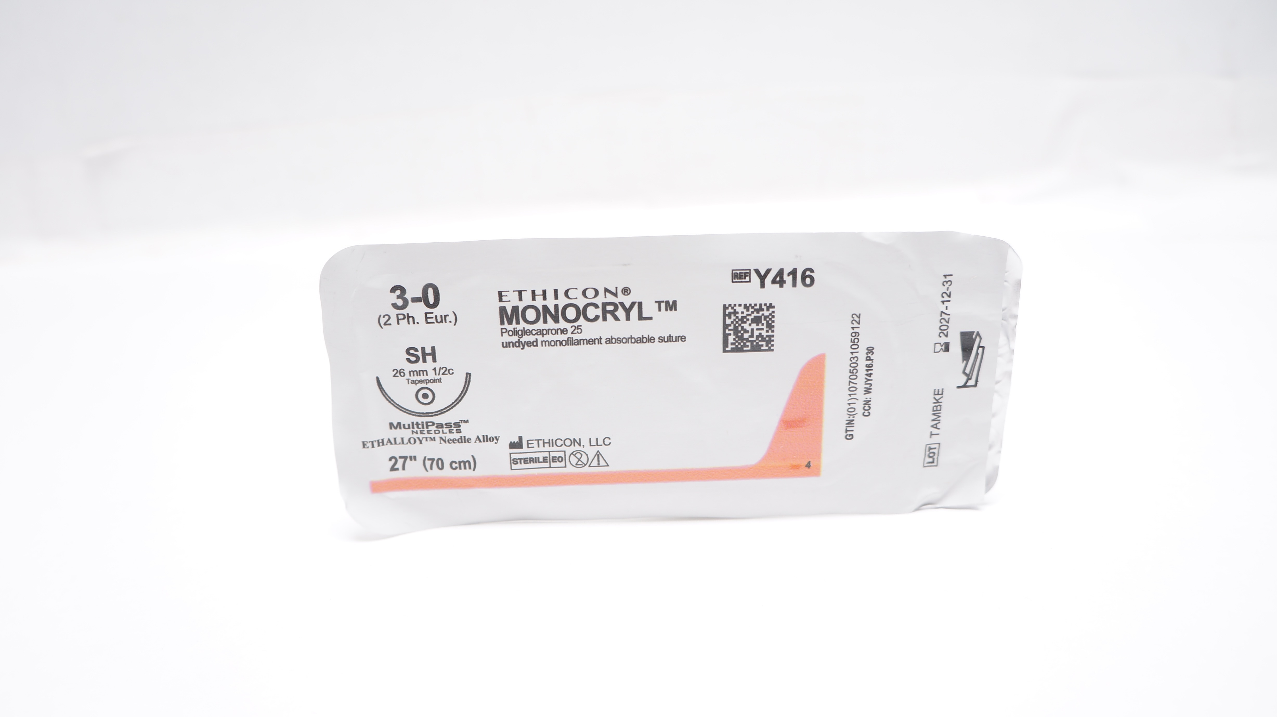 Ethicon Y416 3-0 MONOCRYL Undyed Monofilament SH 26mm 1/2c Taperpoint, 27inch