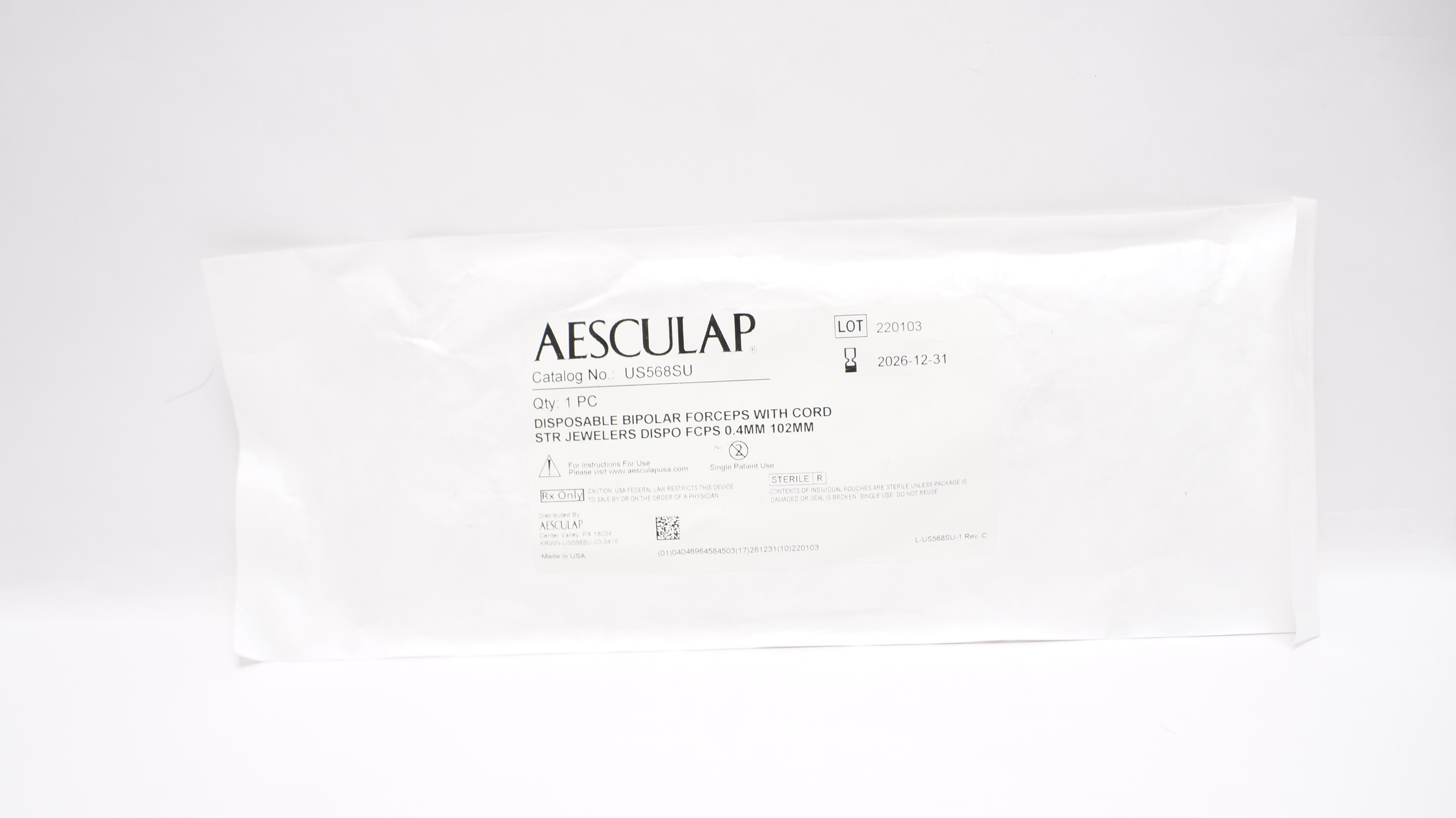 Aesculap US568SU Disposable Bipolar Forceps W/Jewelers Dispo FCPS 0.4mm 102mm