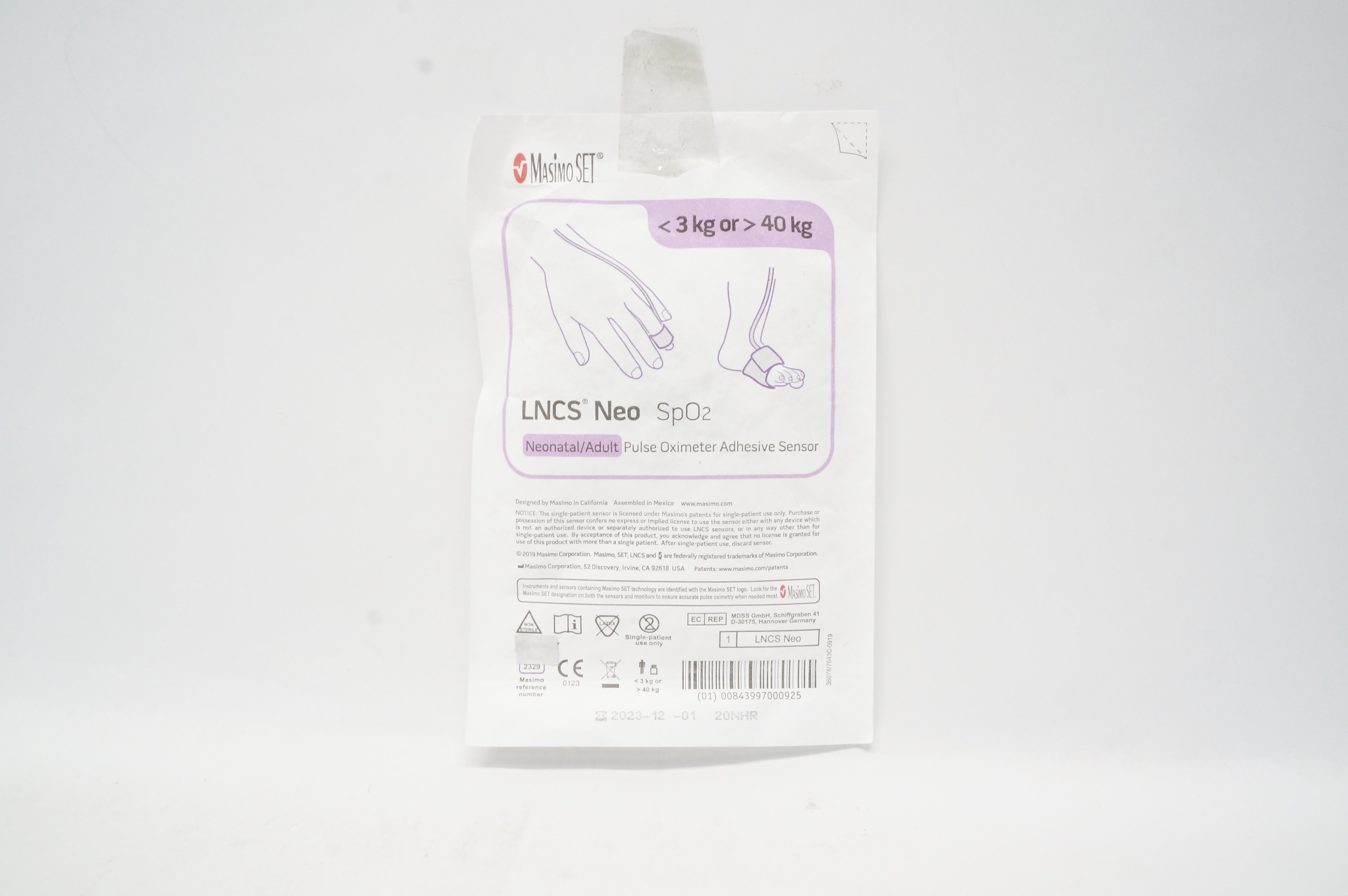 Masimo 2329 LNCS Neo SpO2 Pulse Oximeter Adhesive Sensor <3kg >40kg