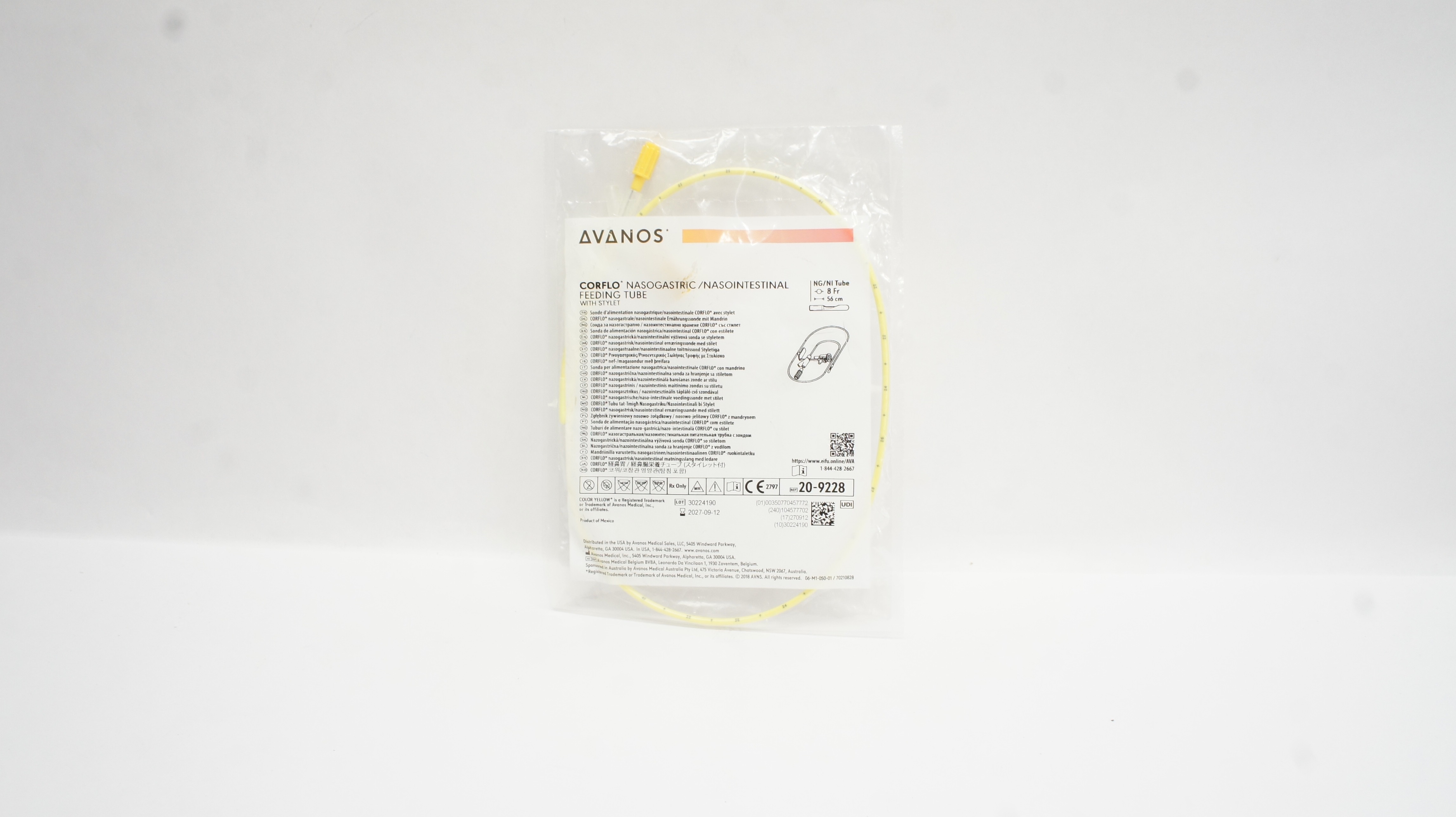 Avanos 20-9228 Corflo Nasogastric/Nasointestinal Feeding Tube w/Stylet 8Fr x 56cm