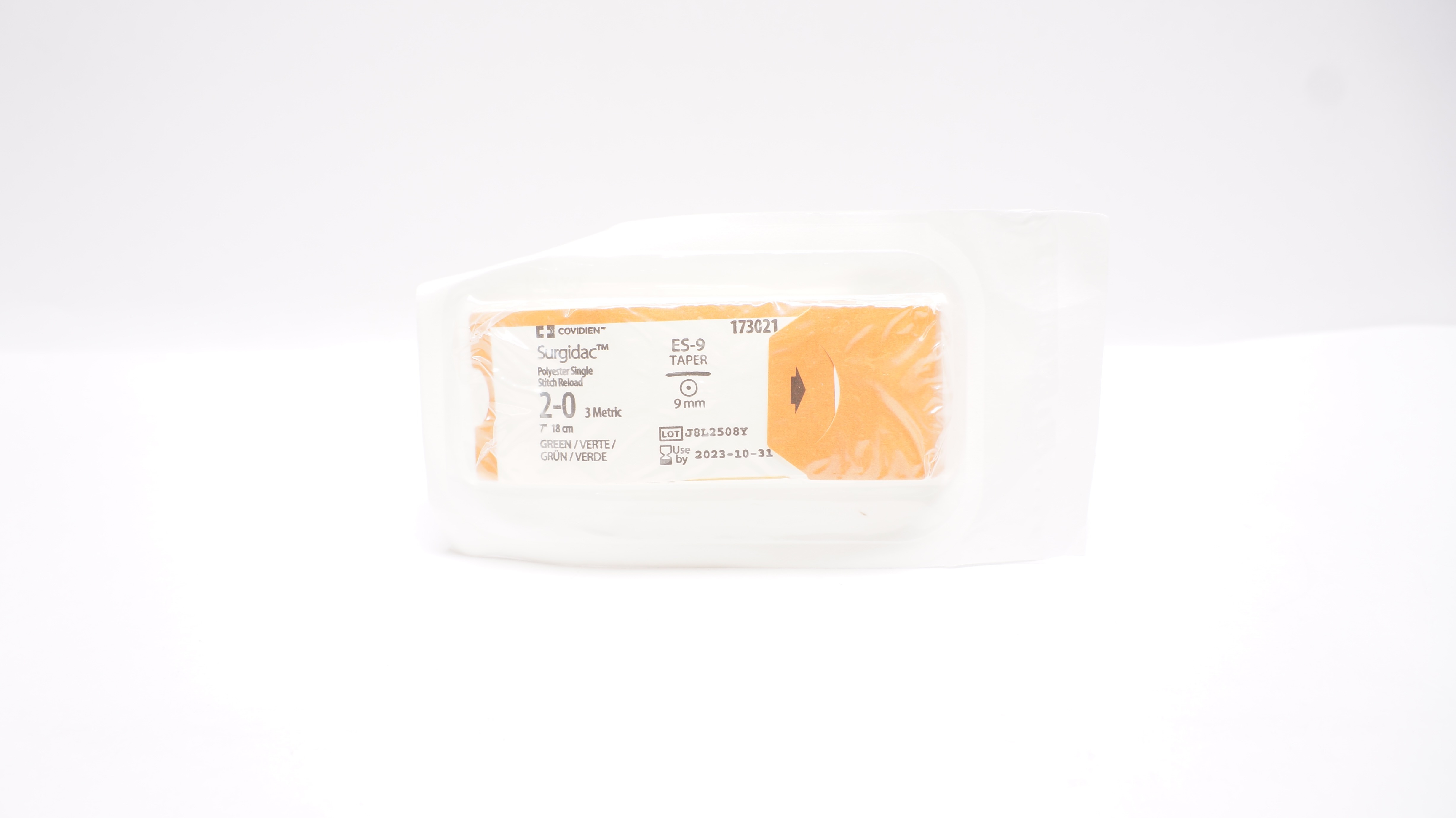 Covidien 173021 2-0 Surgidac ES-9 Taper 9mm Polyester Single Stitch Reload 7inch