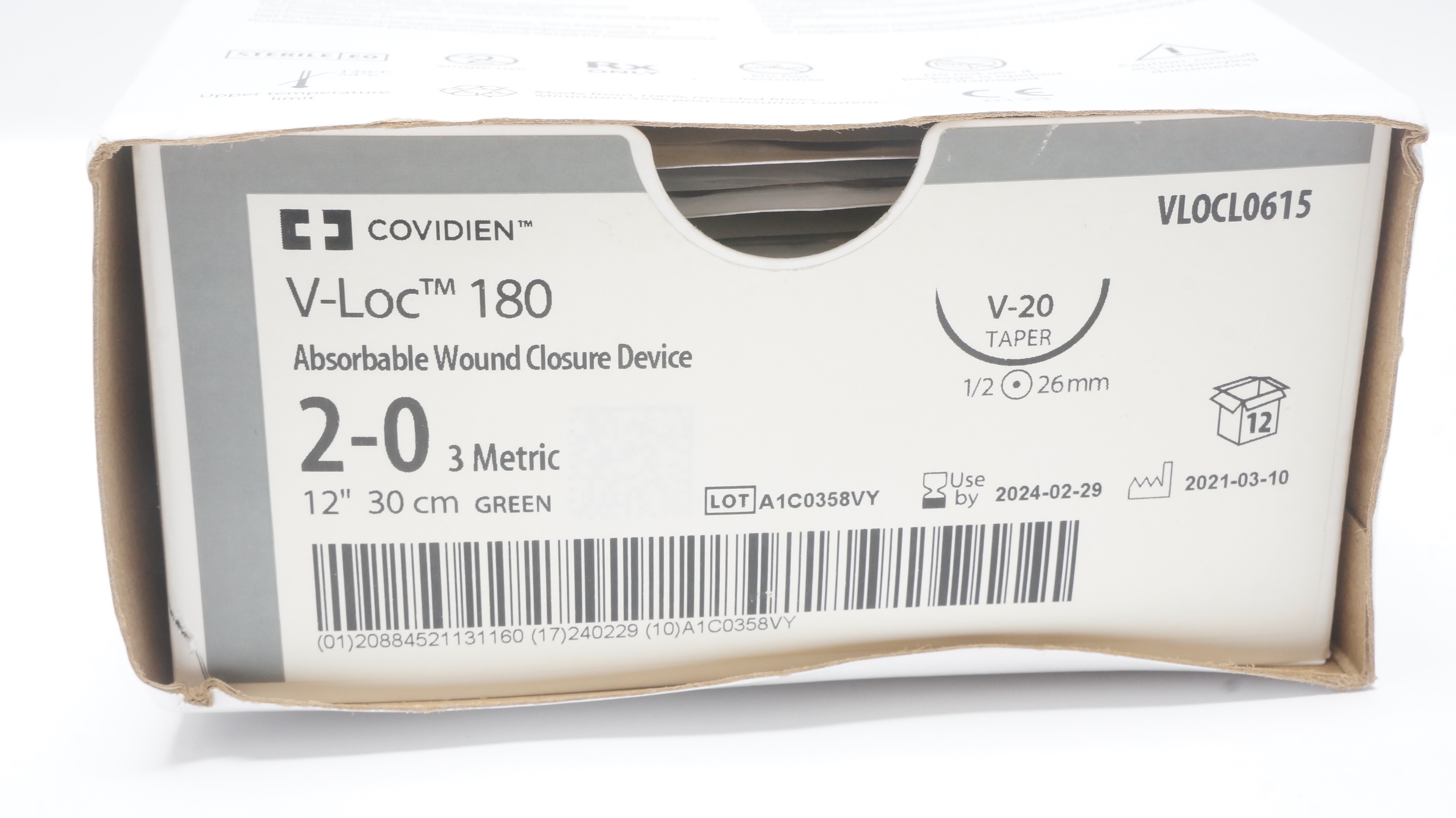 Covidien VLOCL0615 2-0 V-Loc Wound Closure V-20 1/2 26mm 12inch (x) - Box of 12