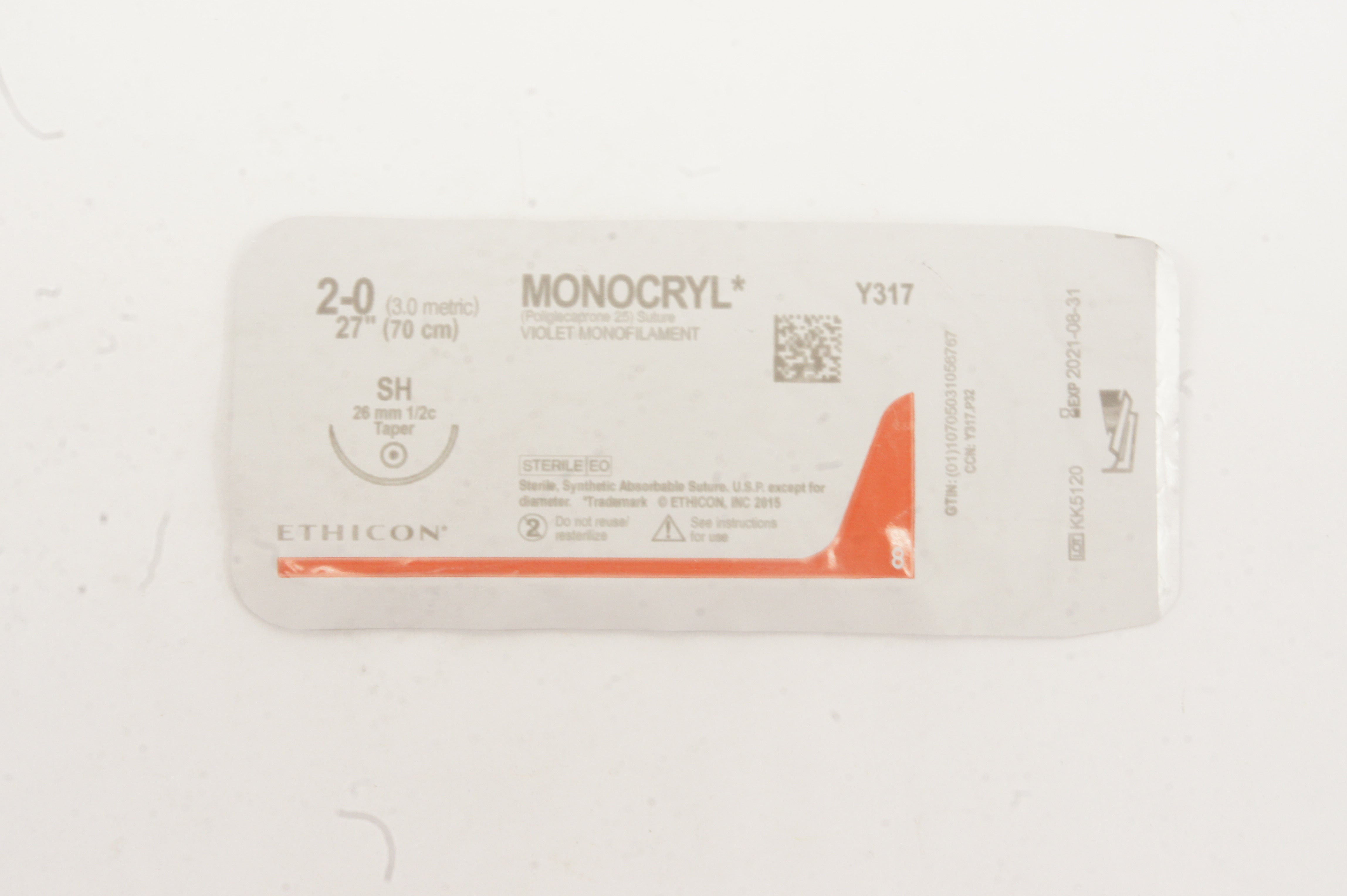 Ethicon Y317 2-0 MONOCRYL, SH, 26mm 1/2c Taper, 27inch