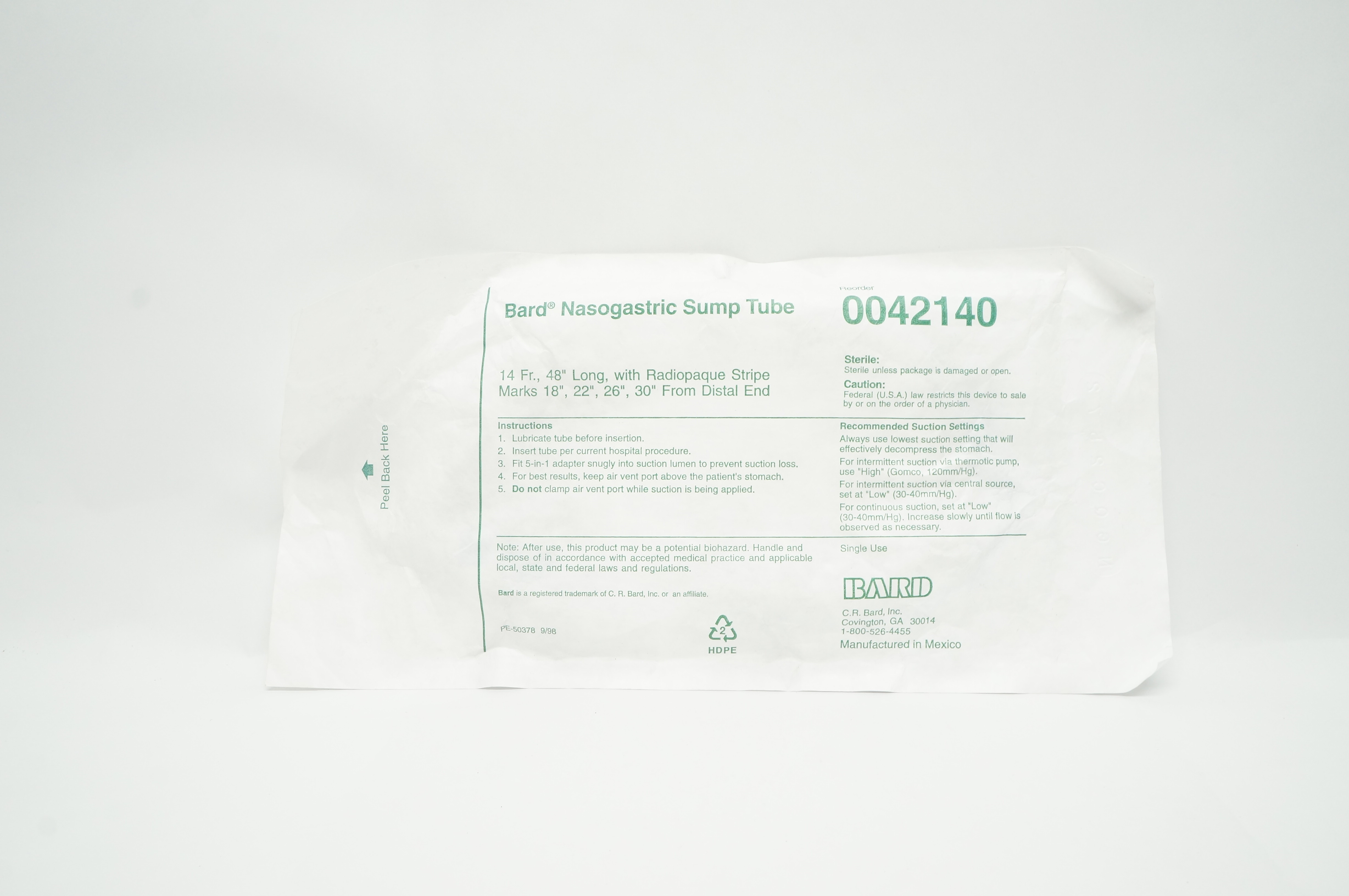 Bard 0042140 Nasogastric Sump Tube 14Fr x 48inch