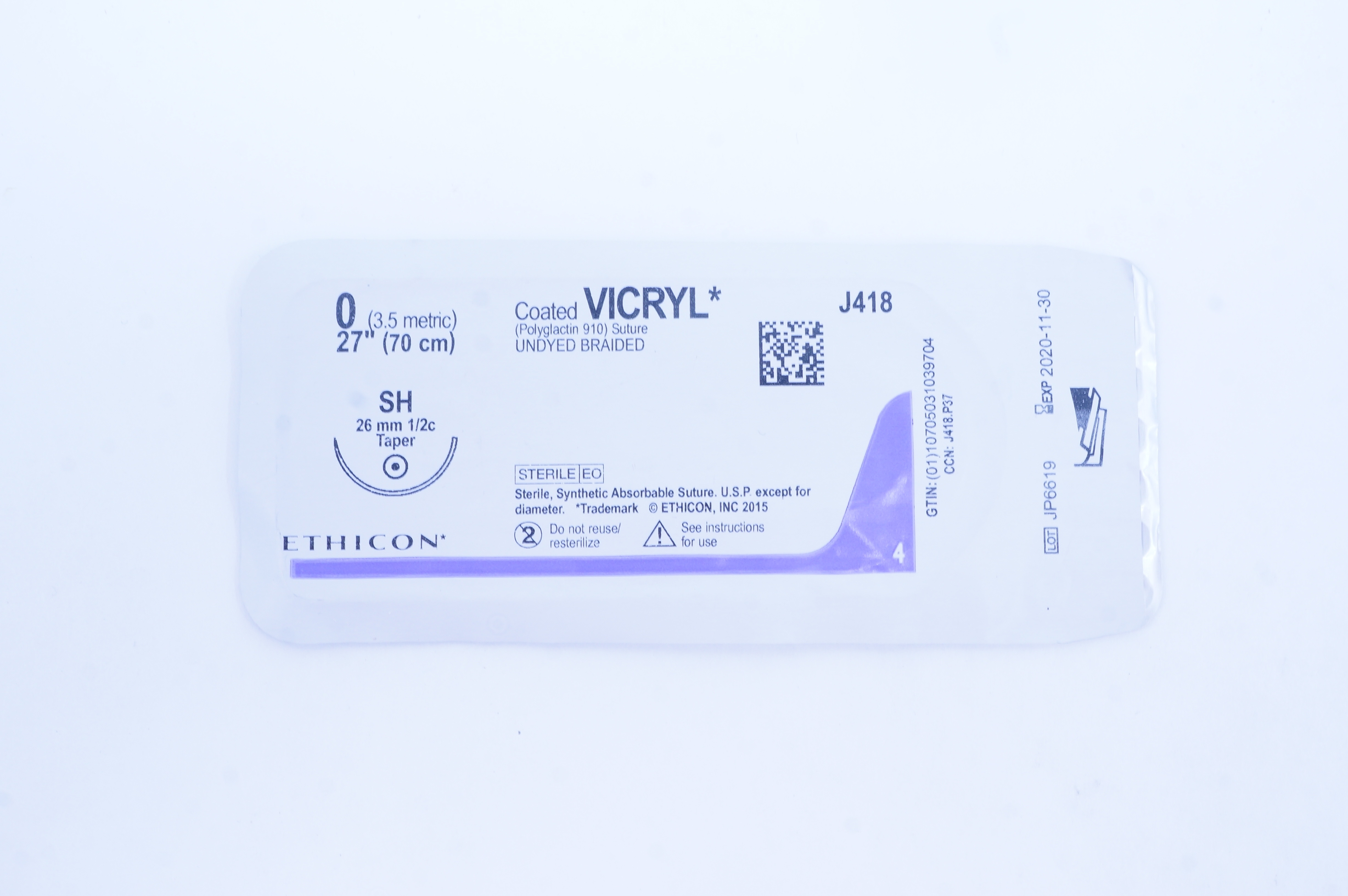 Ethicon J418 0 Coated VICRYL Stre SH 26mm 1/2c Taper, 27inch (x)