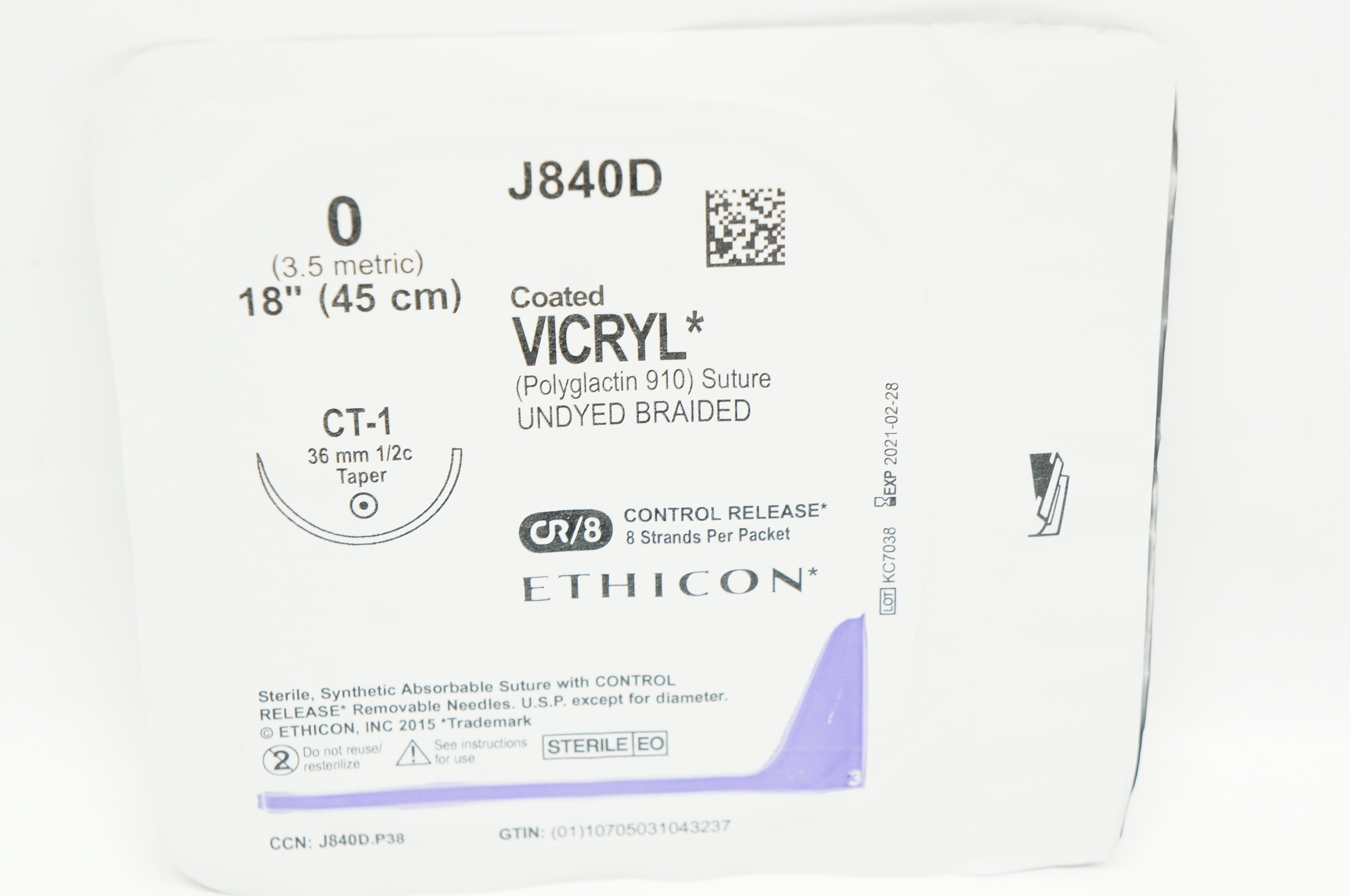 Ethicon J840D 0 VICRYL CT-1 36mm 1/2c Taper, 18inch (x)
