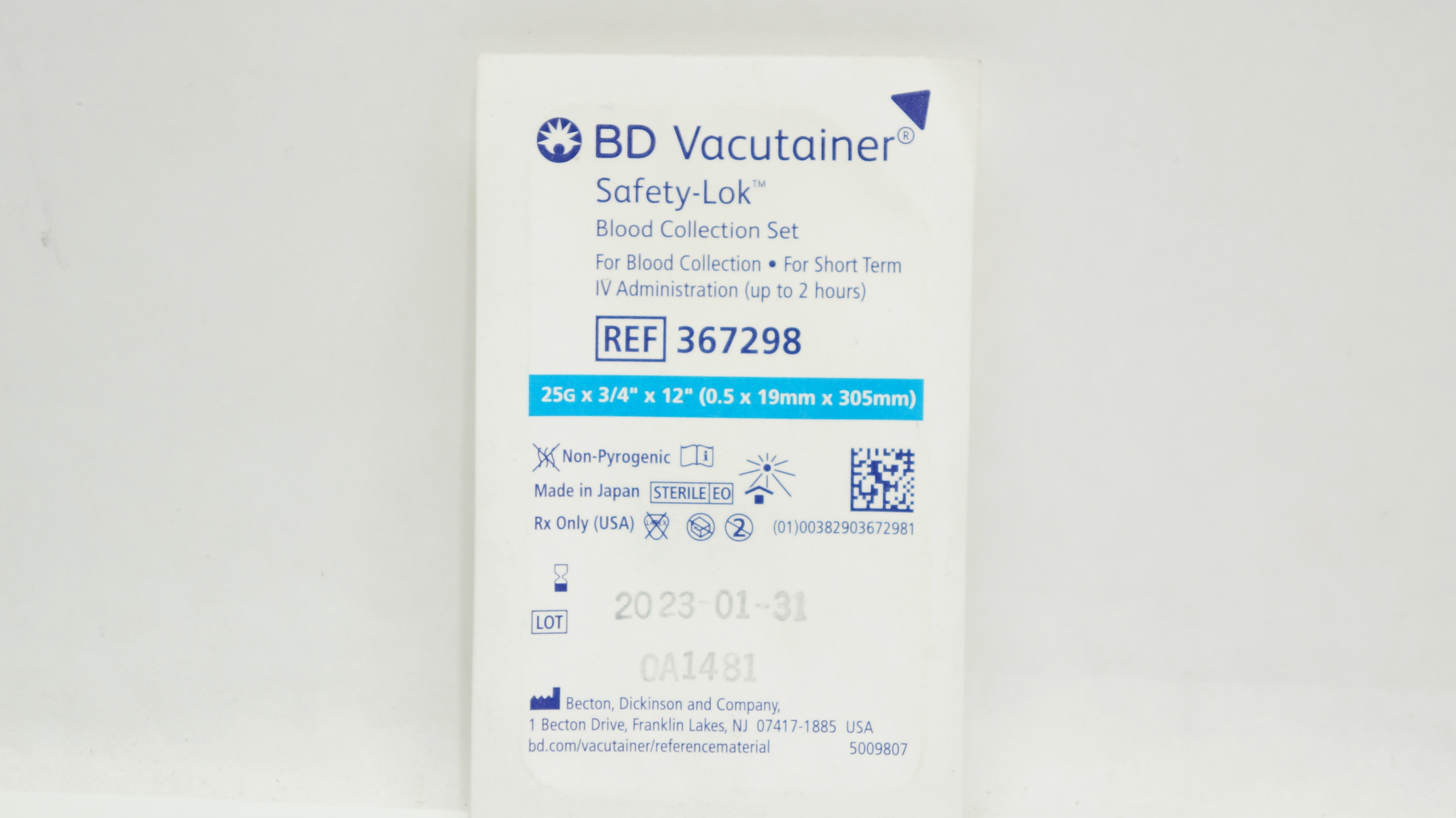 BD 367298 Vacutainer Safety-Lok Blood Collection Set 25G x 3/4inch x 12inch (x)