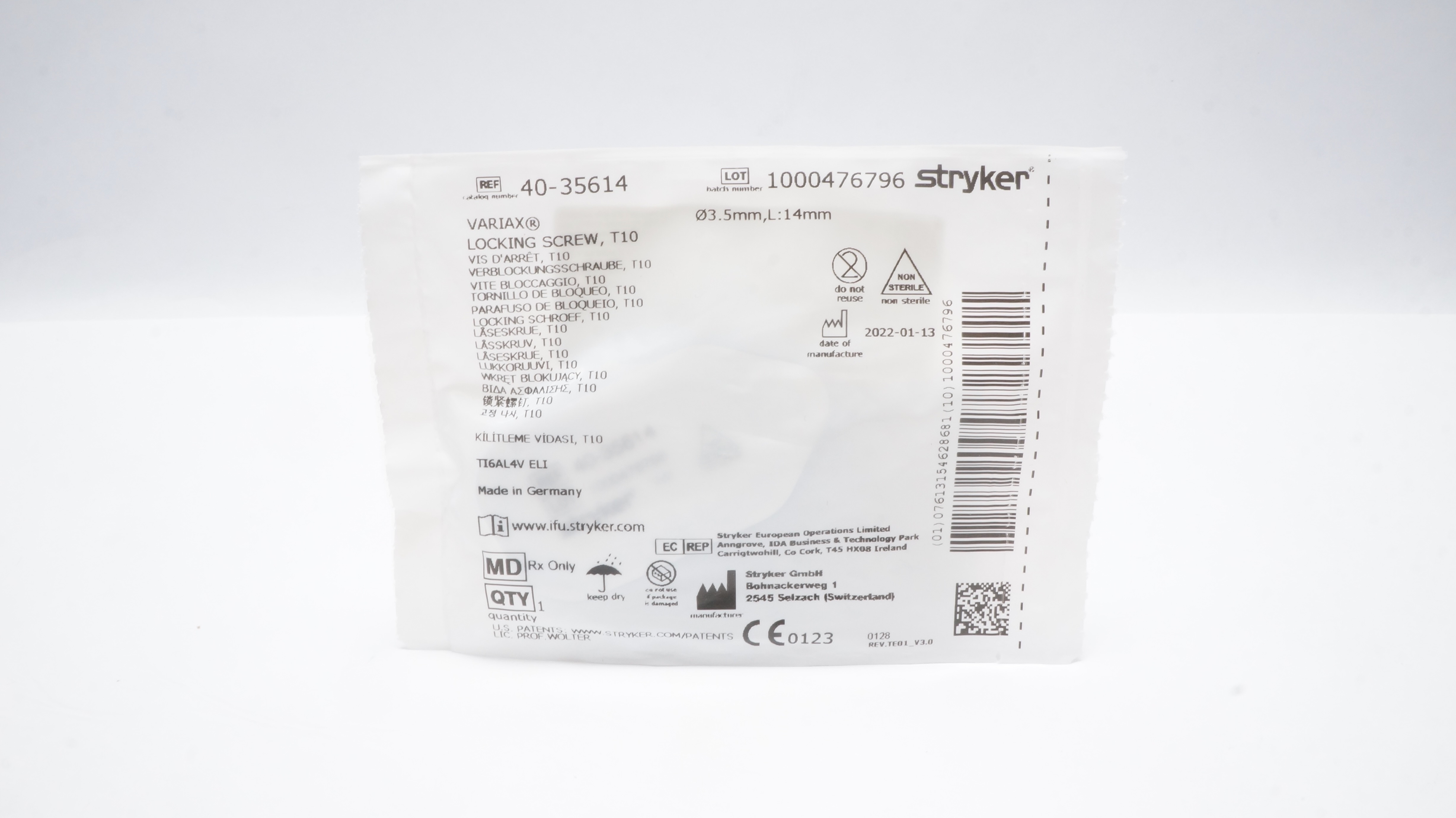 Stryker 40-35614 VARIAX LOCKING SCREW, T10, Diameter 3.5mm, L:14mm