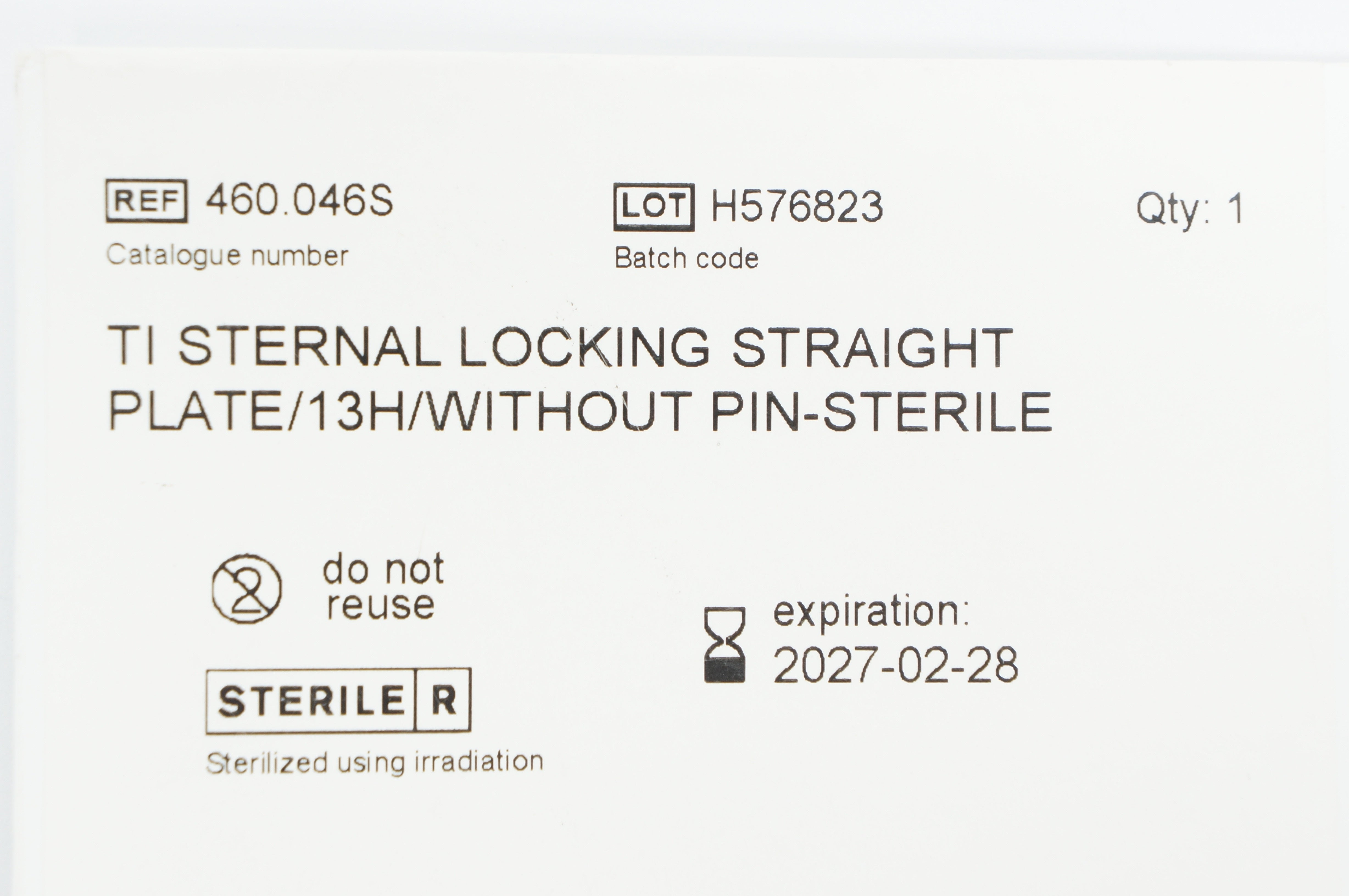 Synthes 460.046S TI Sternal Locking Straight Plate/13H/Without Pin
