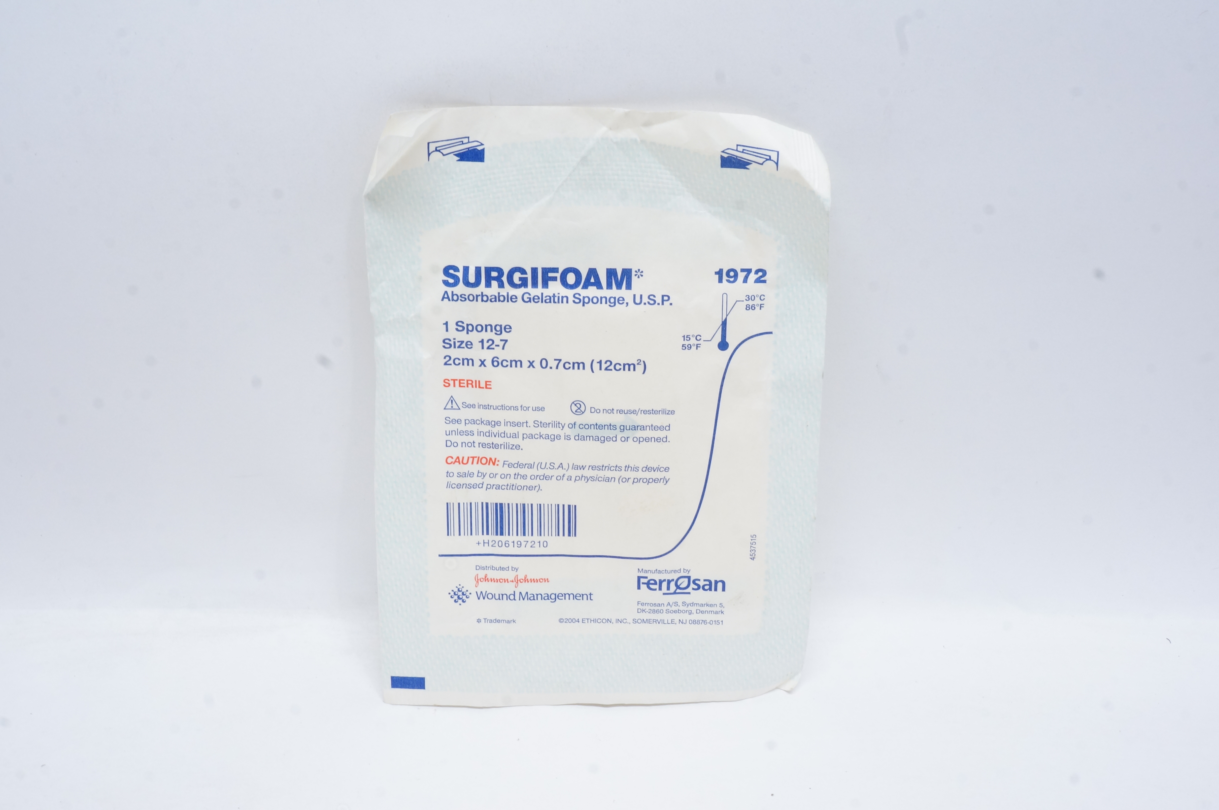 Ethicon 1972 SURGIFOAM Absorbable Gelatin Sponge, USP Size 12-7, 2cm x 6cm (x)