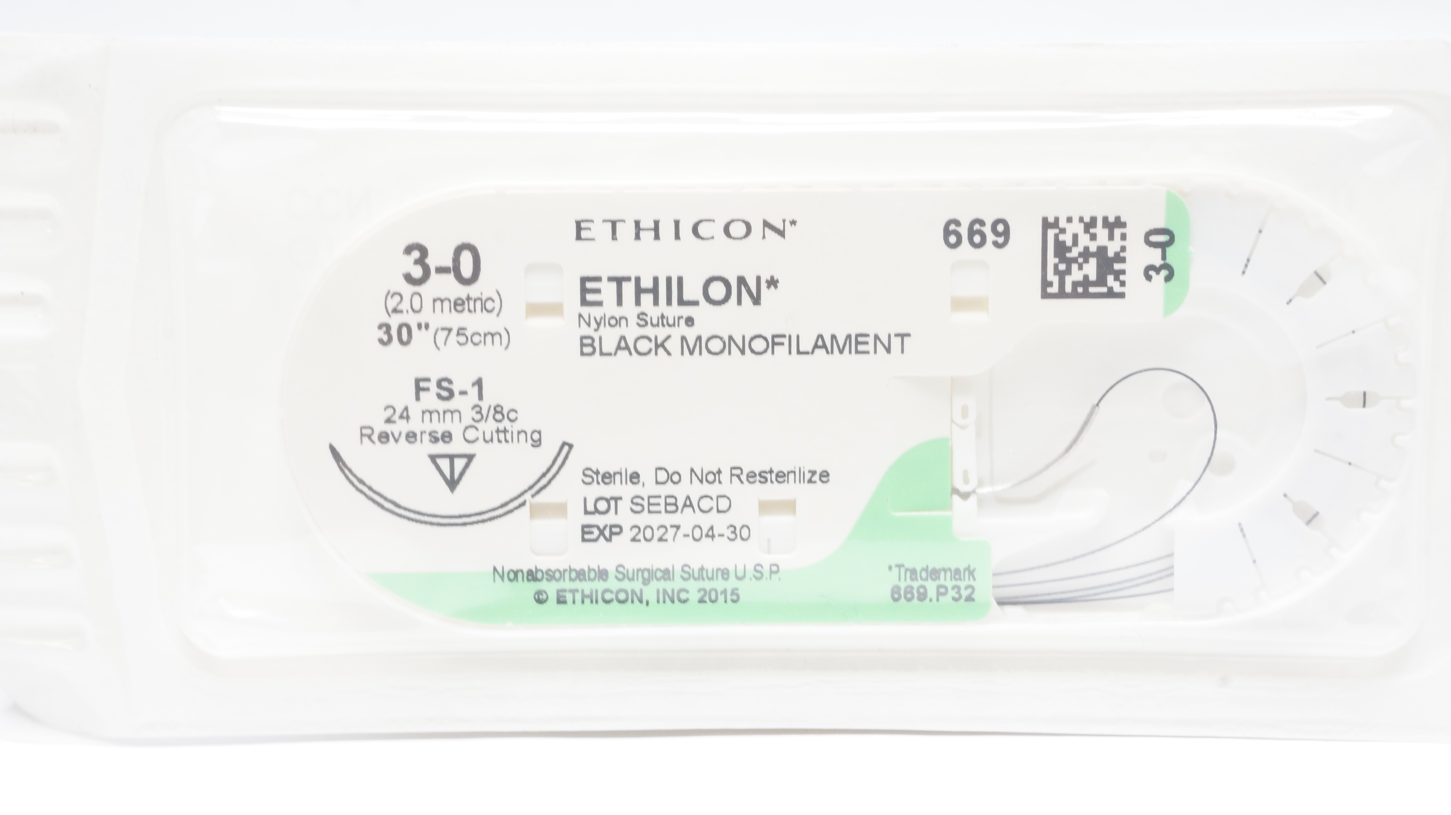 Ethicon 669 3-0 ETHILON Nylon Stre FS-1 24mm 3/8c Reverse Cutting, 30inch