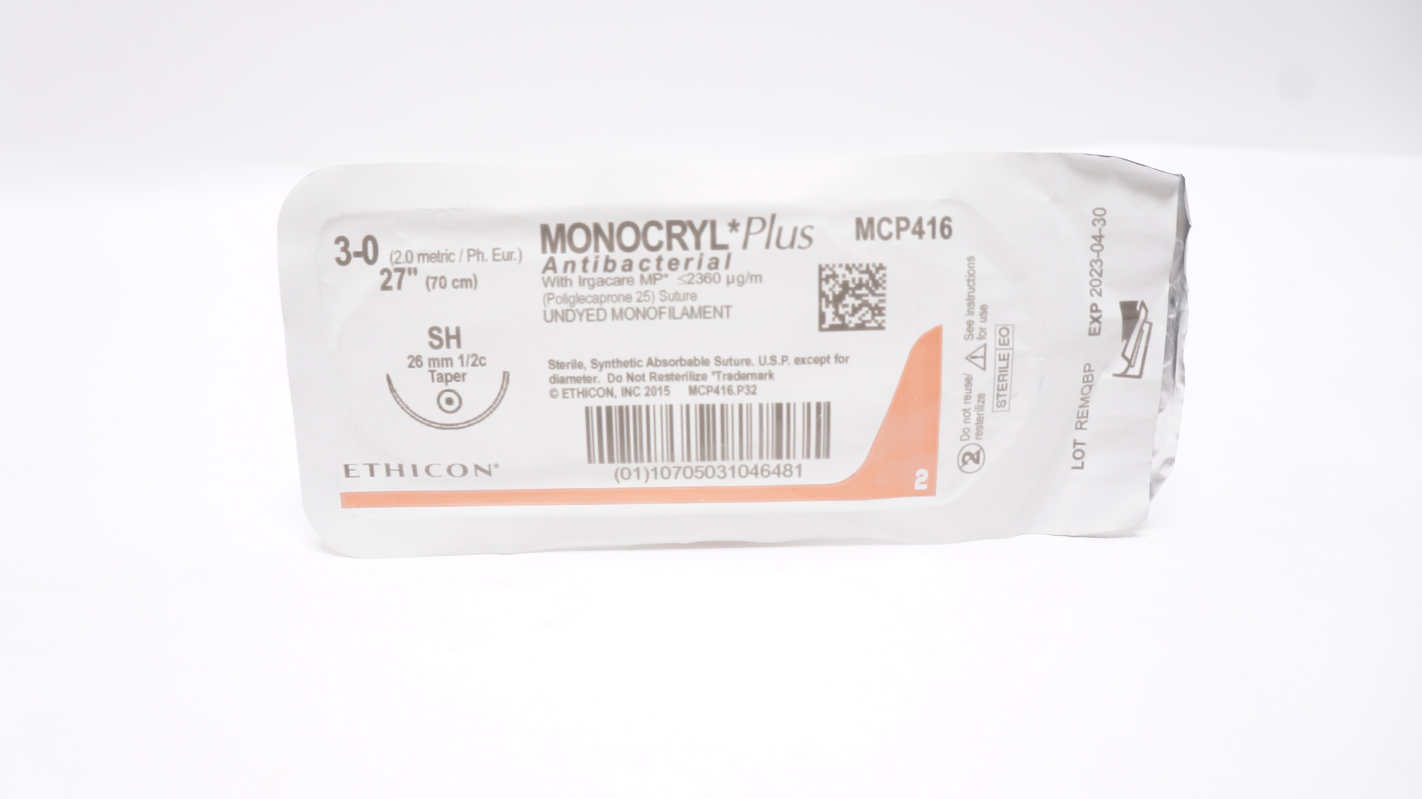 Ethicon MCP416 3-0 MONOCRYL Plus Antibacterial Stre SH 26mm 1/2c Taper 27inch(x)