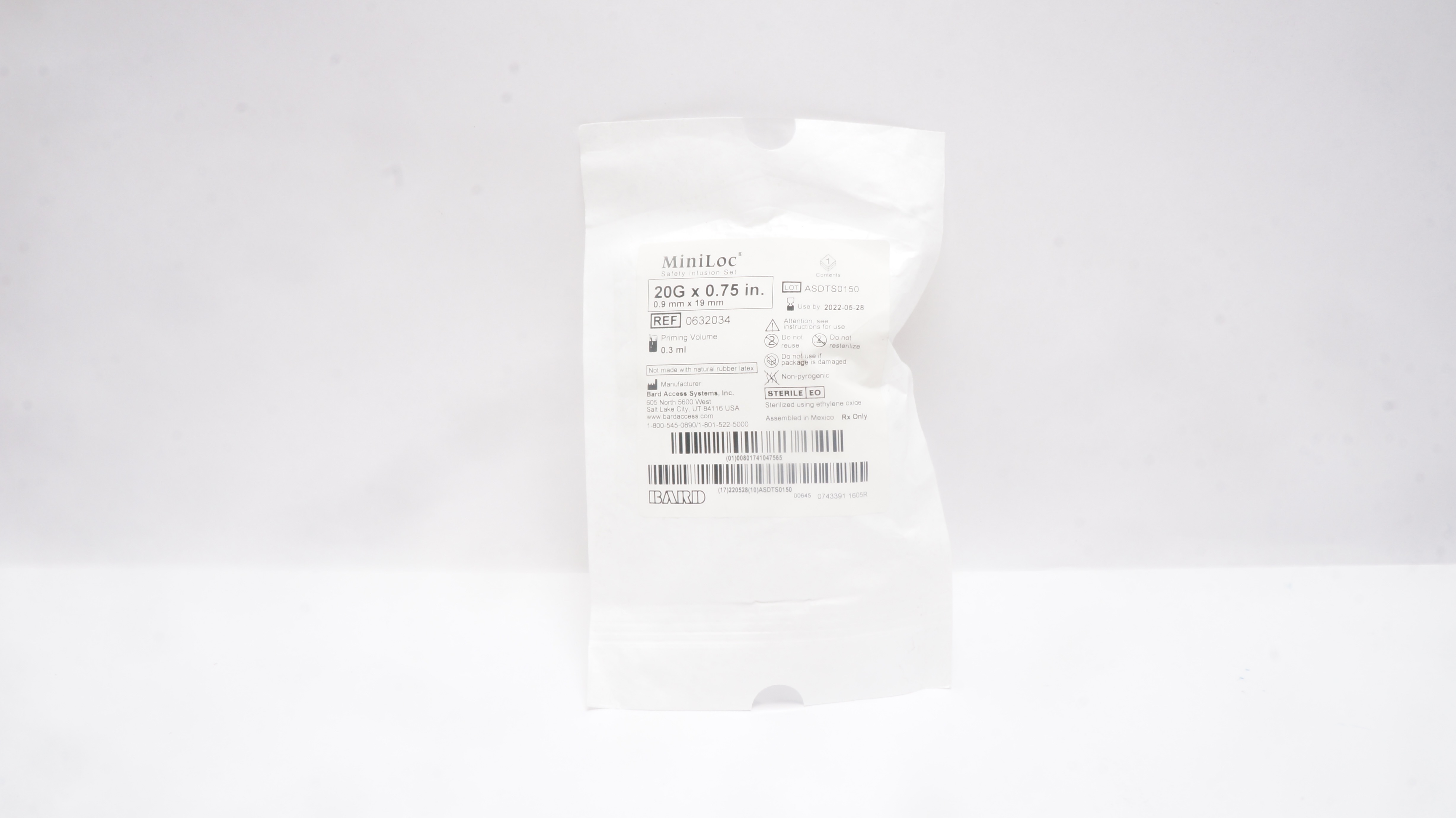 Bard 0632034 MiniLoc Safety Infusion Set 20G x 0.75 inch, Priming Vol. 0.3ml (x)