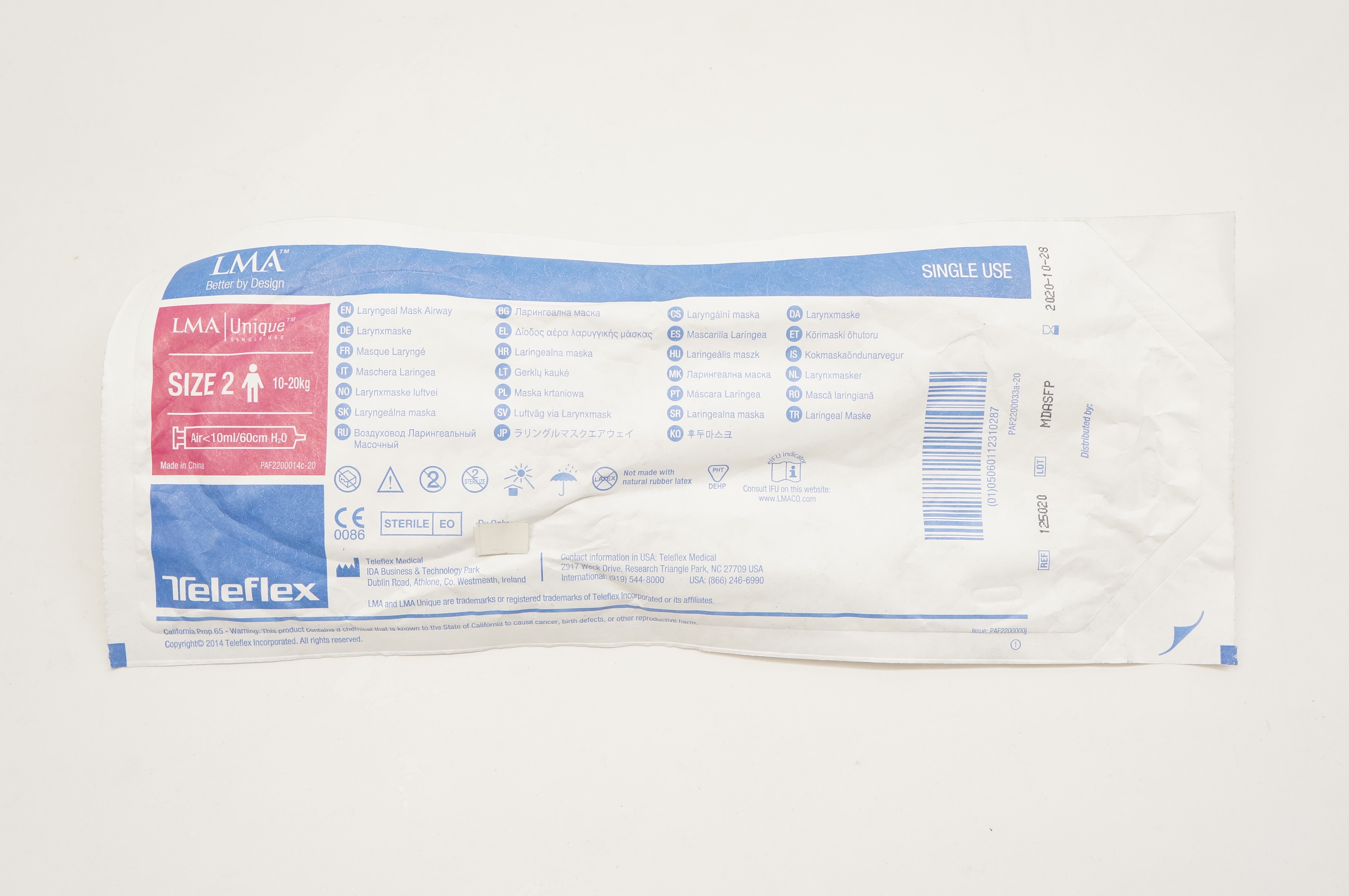 Teleflex 125020 LMA Laryngeal Mask Airway, Size 2, 10-20kg