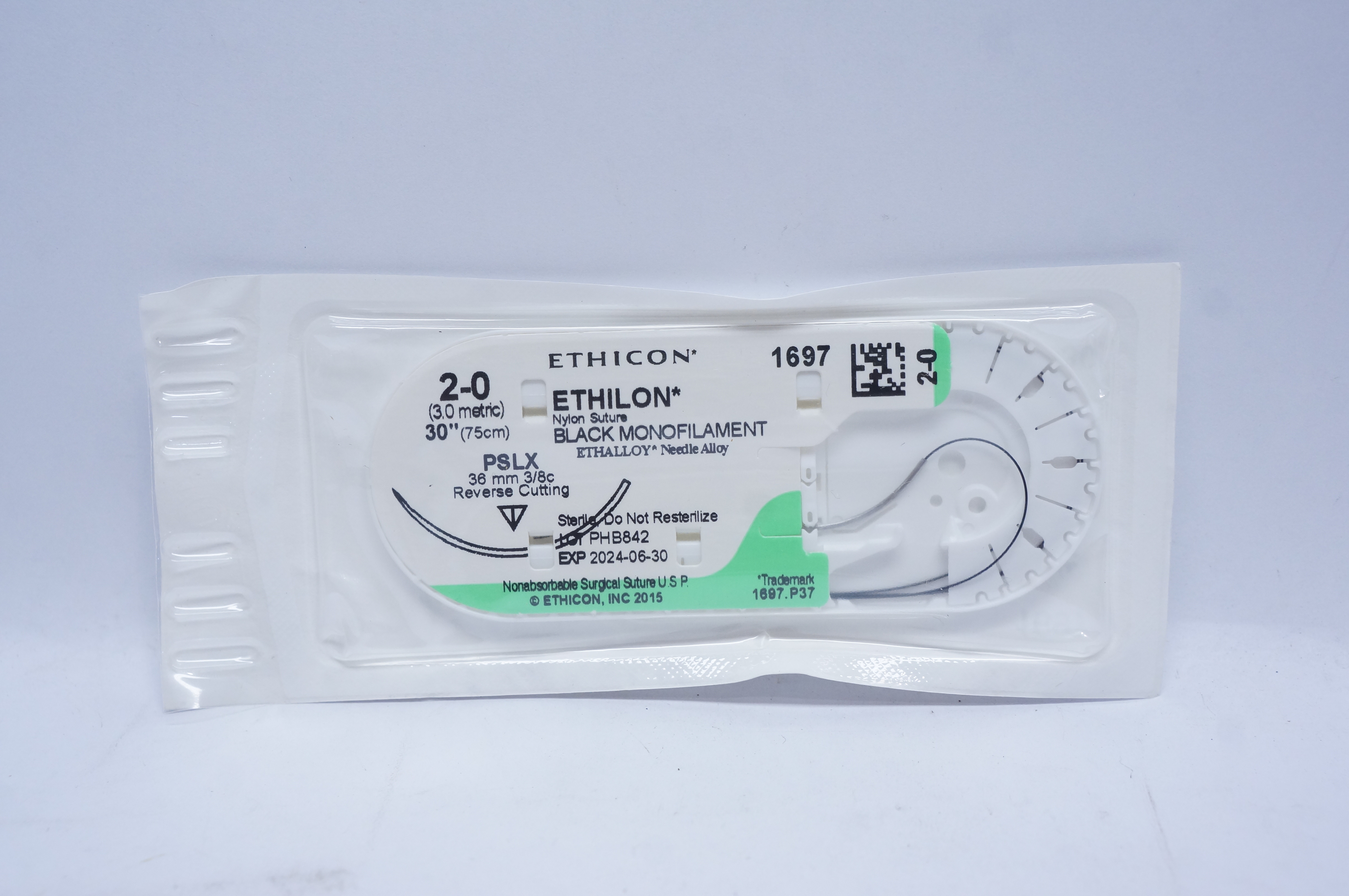Ethicon 1697 2-0 ETHILON, PSLX, 36mm 3/8c Reverse Cutting, 30inch