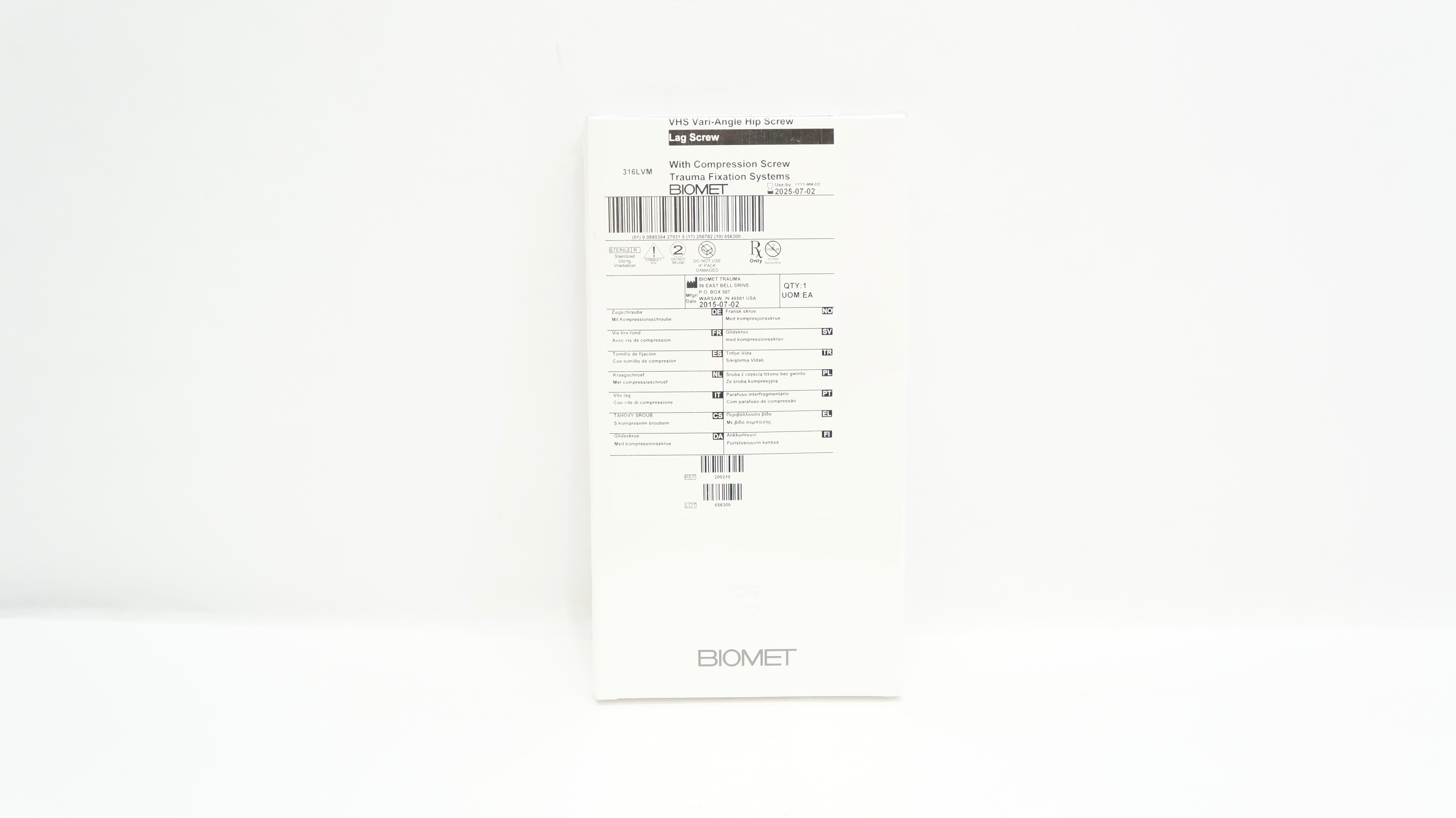 Biomet 200210 LAG Screw VHS w/Compession Screw 12.7mm x 110mm