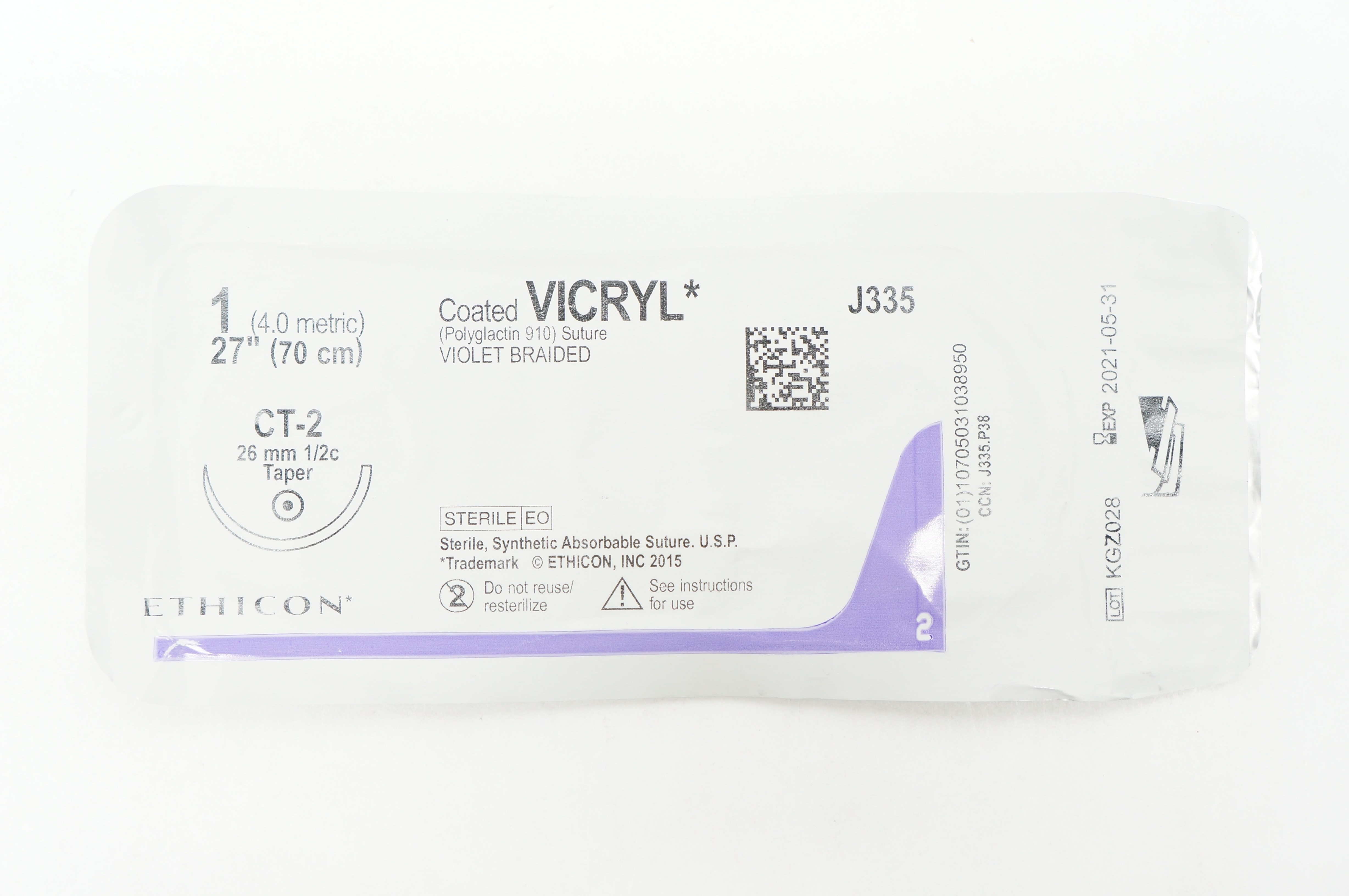 Ethicon J335 1 VICRYL CT-2, 26mm 1/2c Taper, 27inch